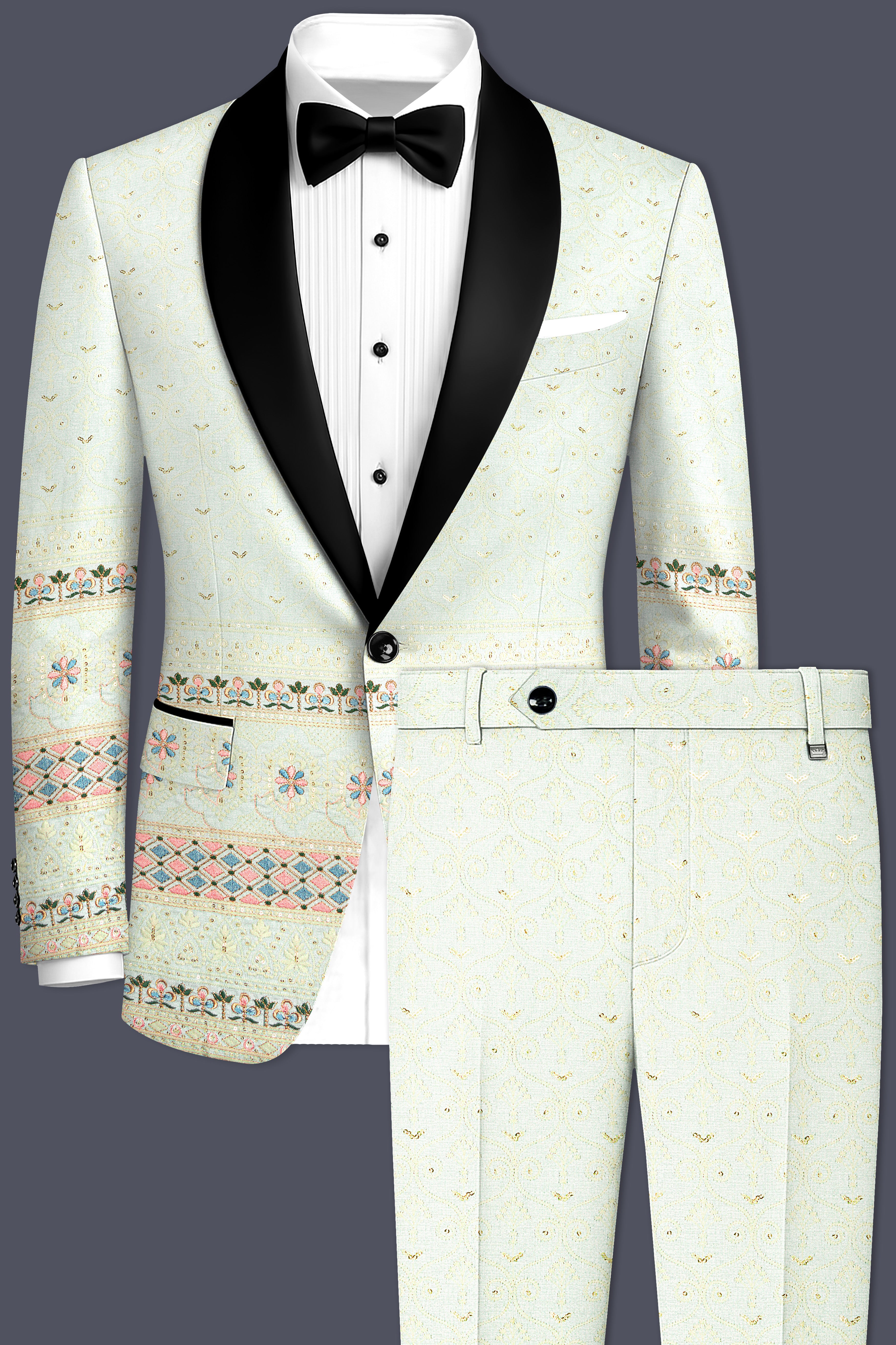 Auressa-merino Cream And Finch Green Multicolour Thread and Sequin Embroidered Designer Suit