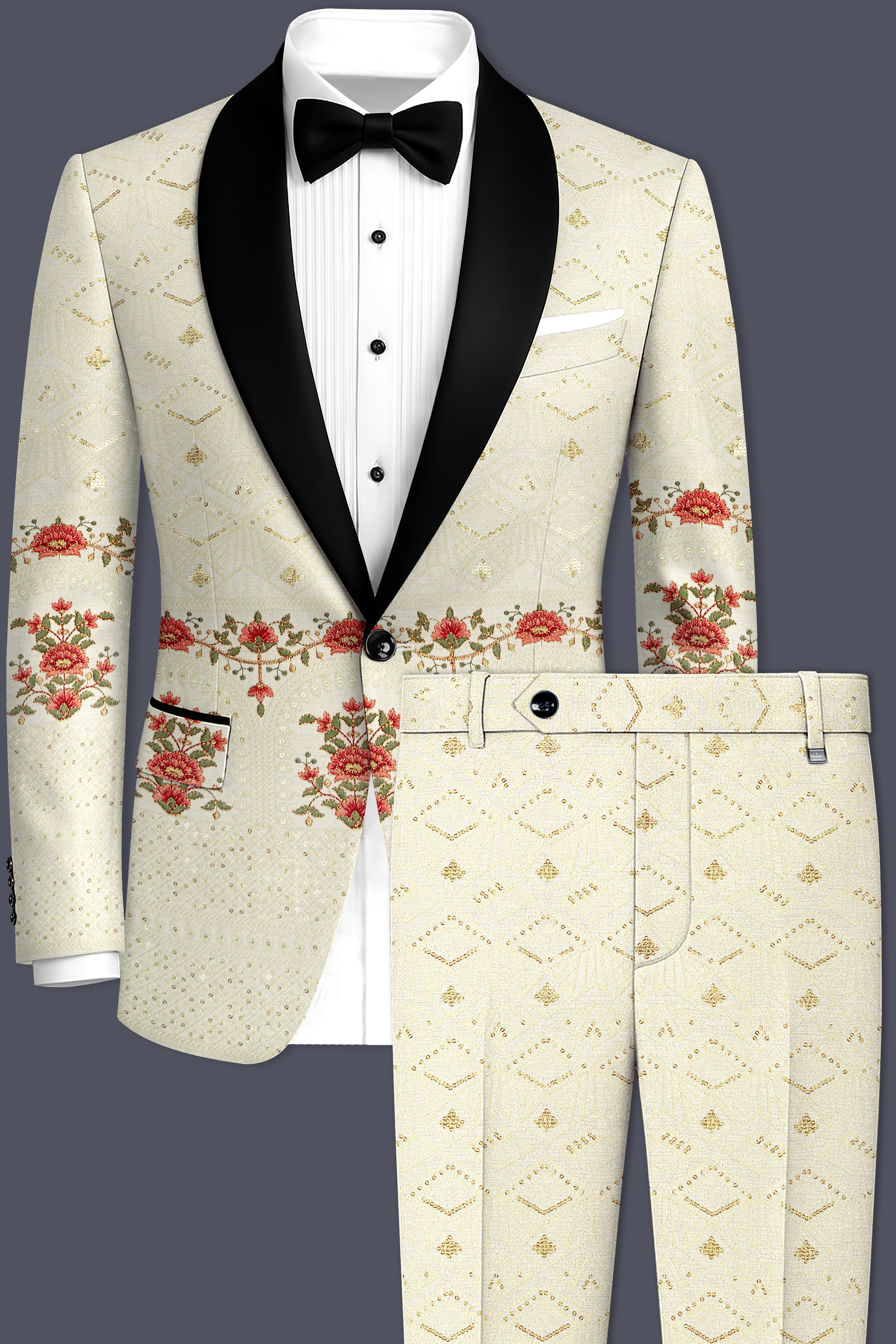 Ivrosa-Porcelain Cream and Apricot Peach Multicolour Thread and Sequin Embroidered Designer Suit