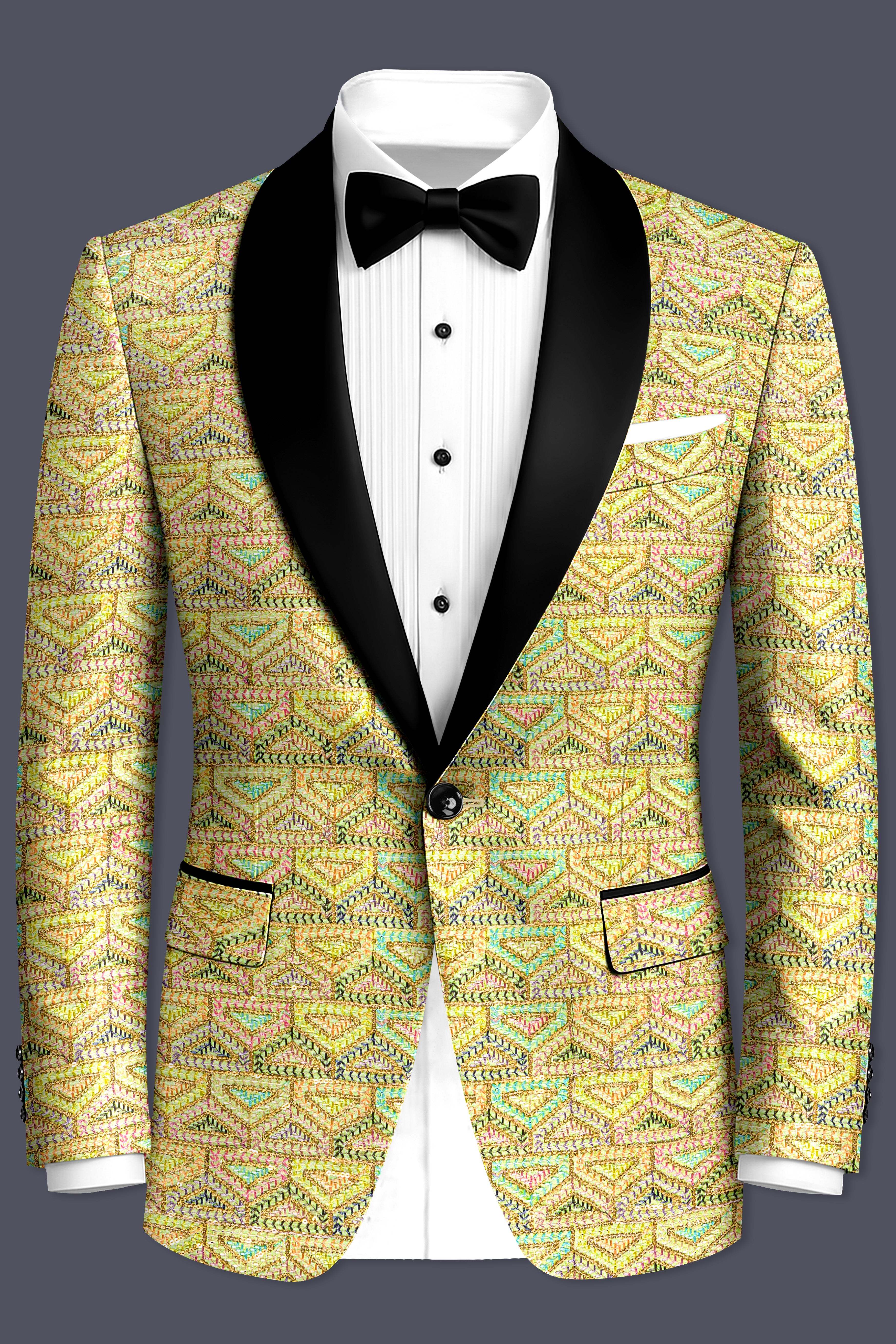 Flavora-Tacha Yellow and Charm Pink Geometric Cotton Thread Embroidered Designer Suit
