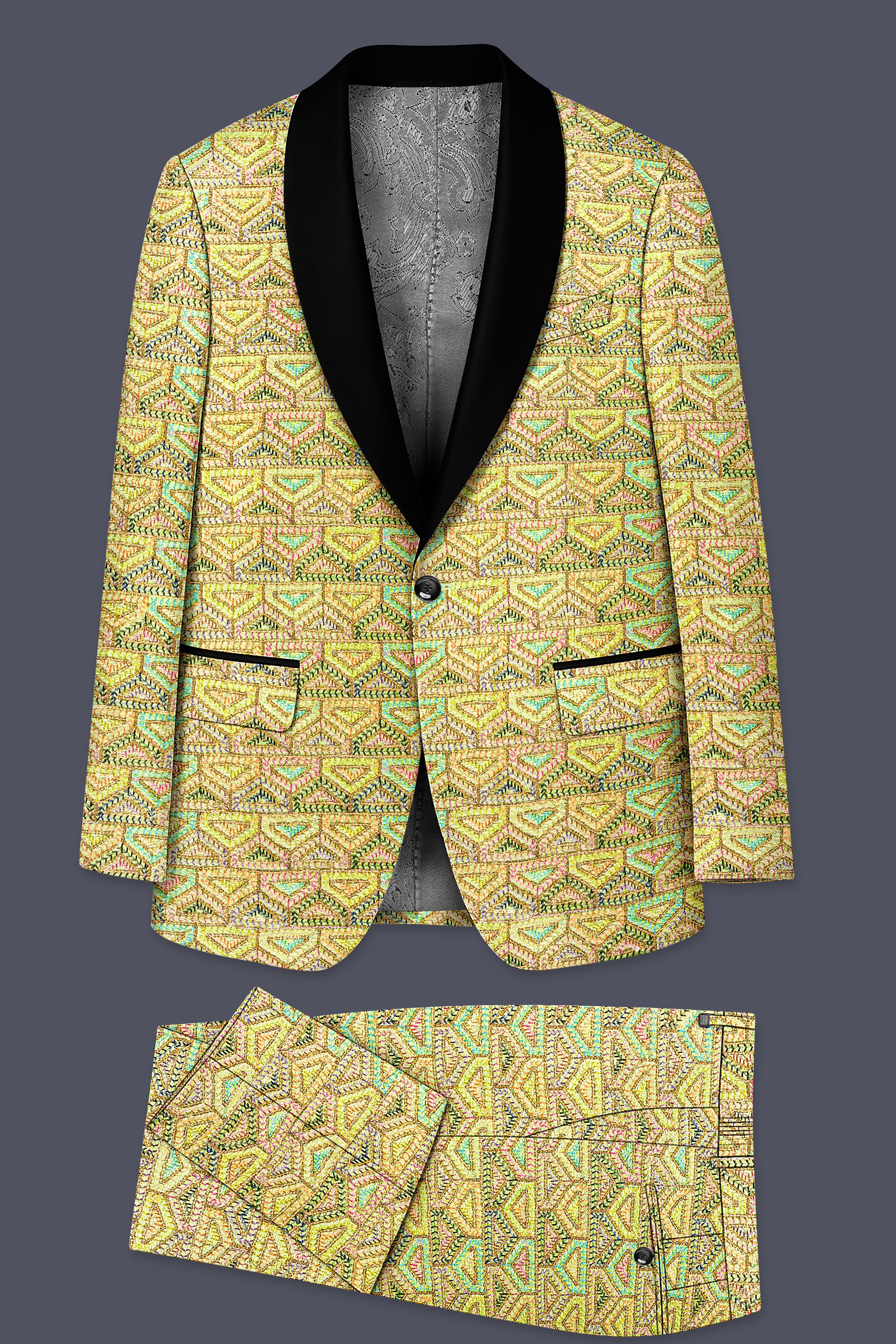 Flavora-Tacha Yellow and Charm Pink Geometric Cotton Thread Embroidered Designer Suit