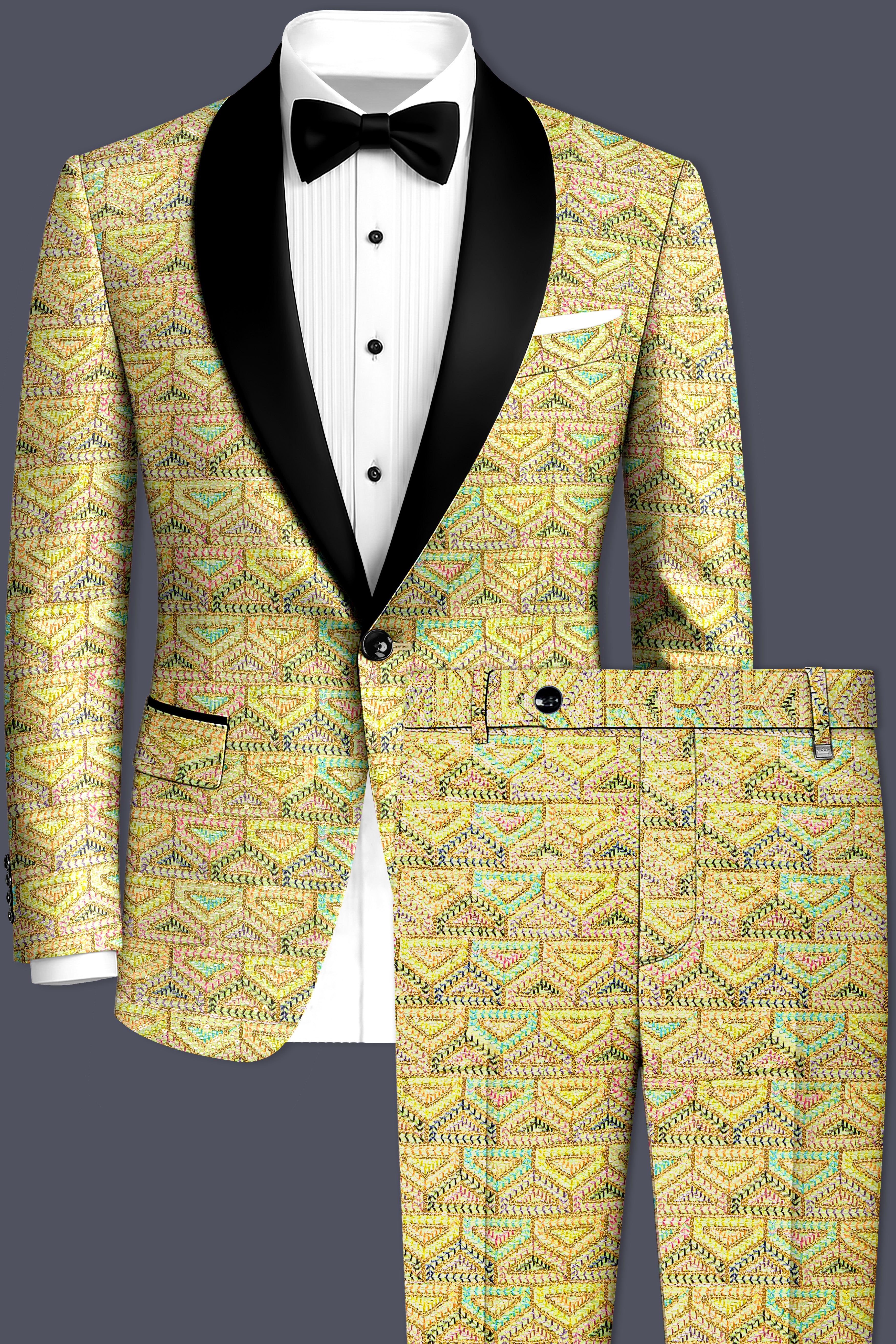 Flavora-Tacha Yellow and Charm Pink Geometric Cotton Thread Embroidered Designer Suit