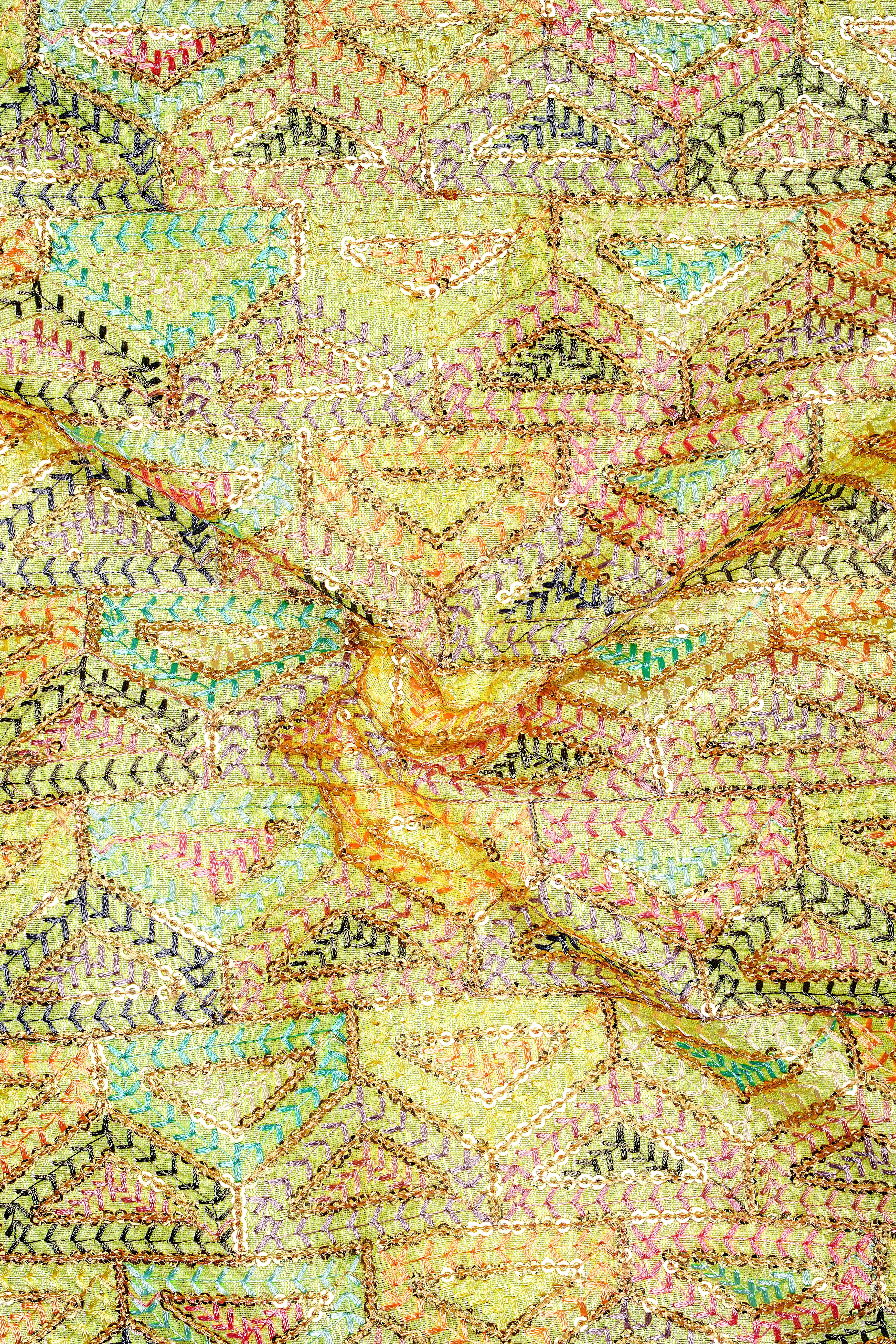 Flavora-Tacha Yellow and Charm Pink Geometric Cotton Thread Embroidered Designer Suit