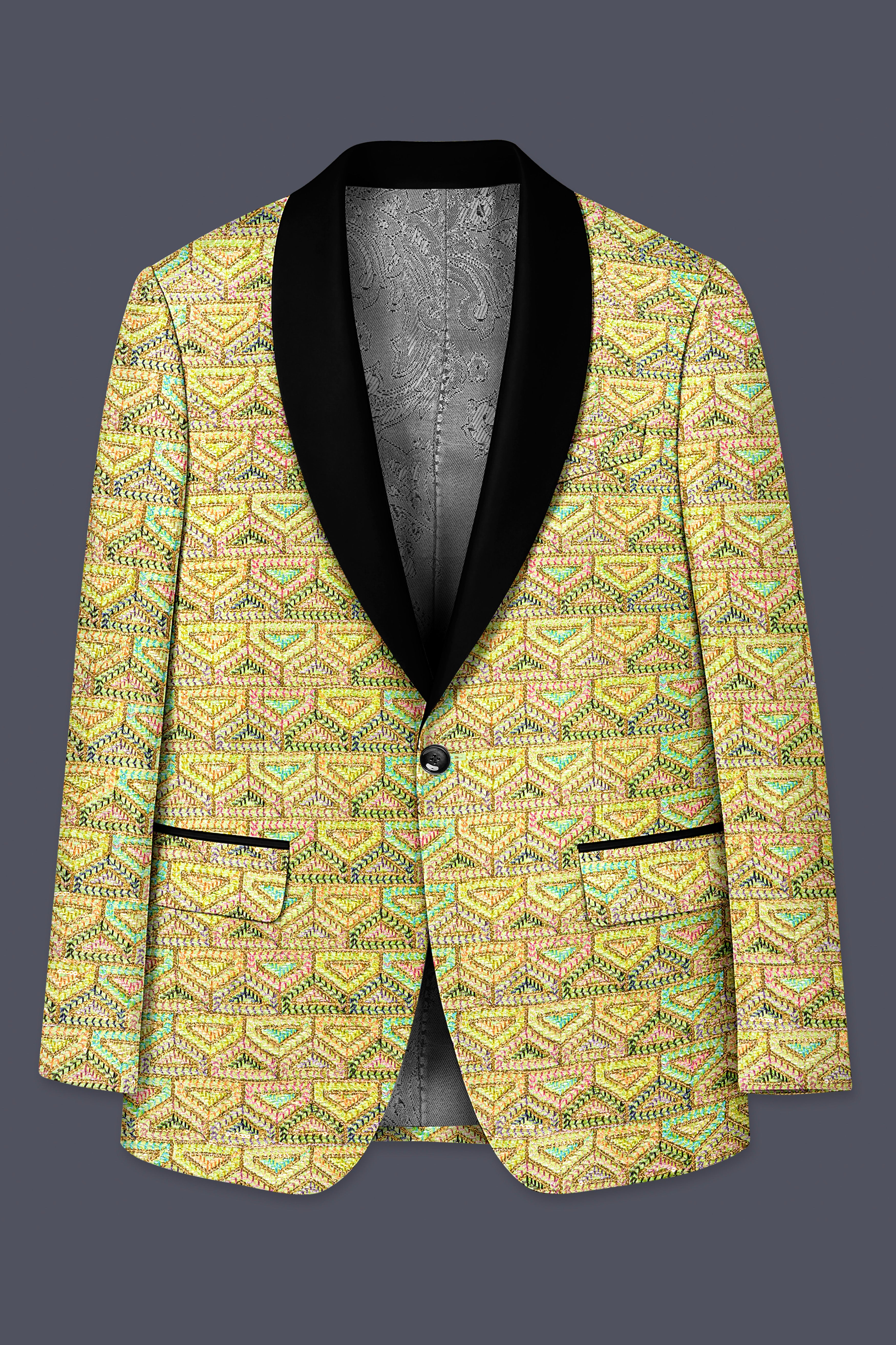 Flavora-Tacha Yellow and Charm Pink Geometric Cotton Thread Embroidered Designer Suit