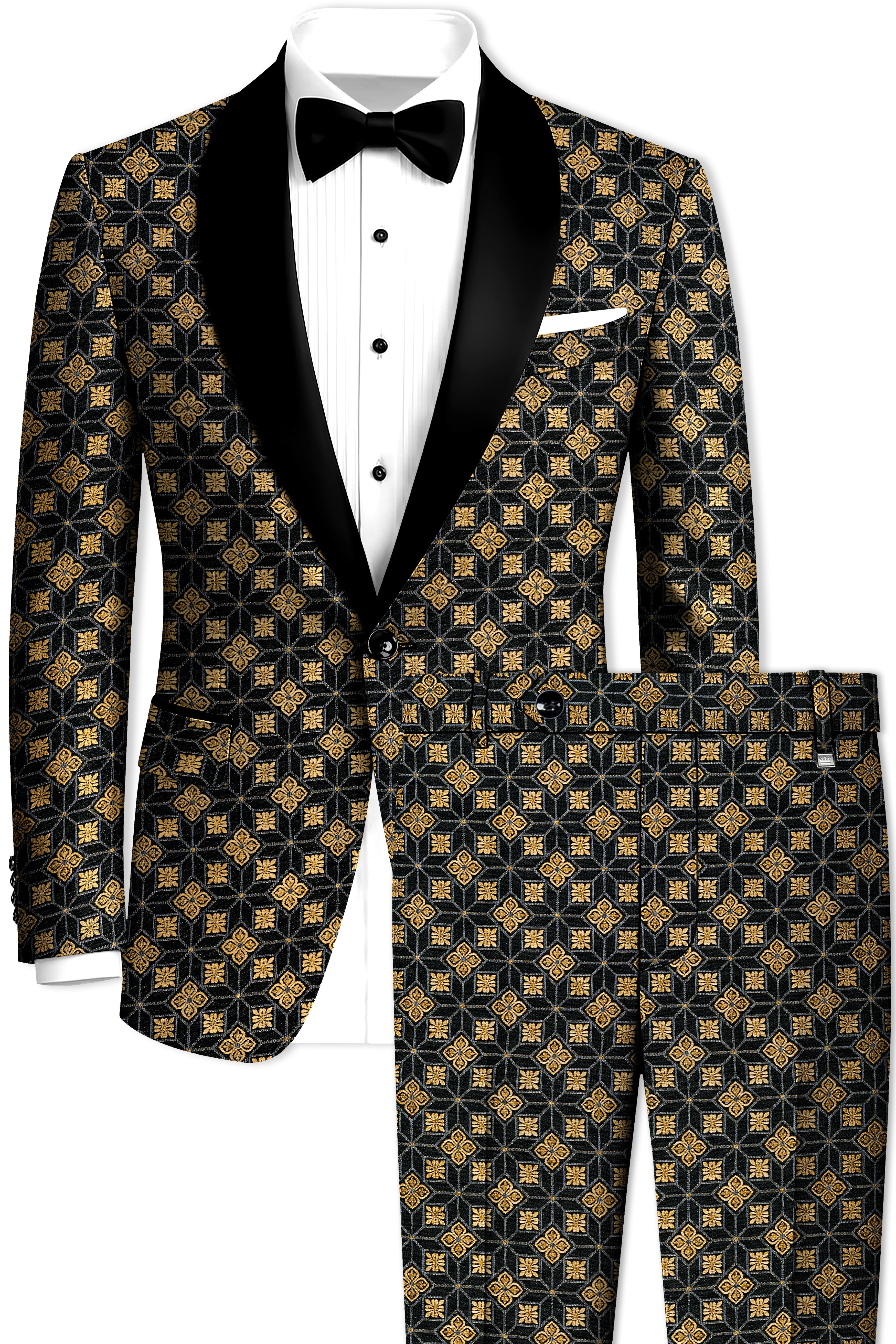 Geomaro-Cinder Black and Tan Brown Geometric Jacquard Textured Designer Suit