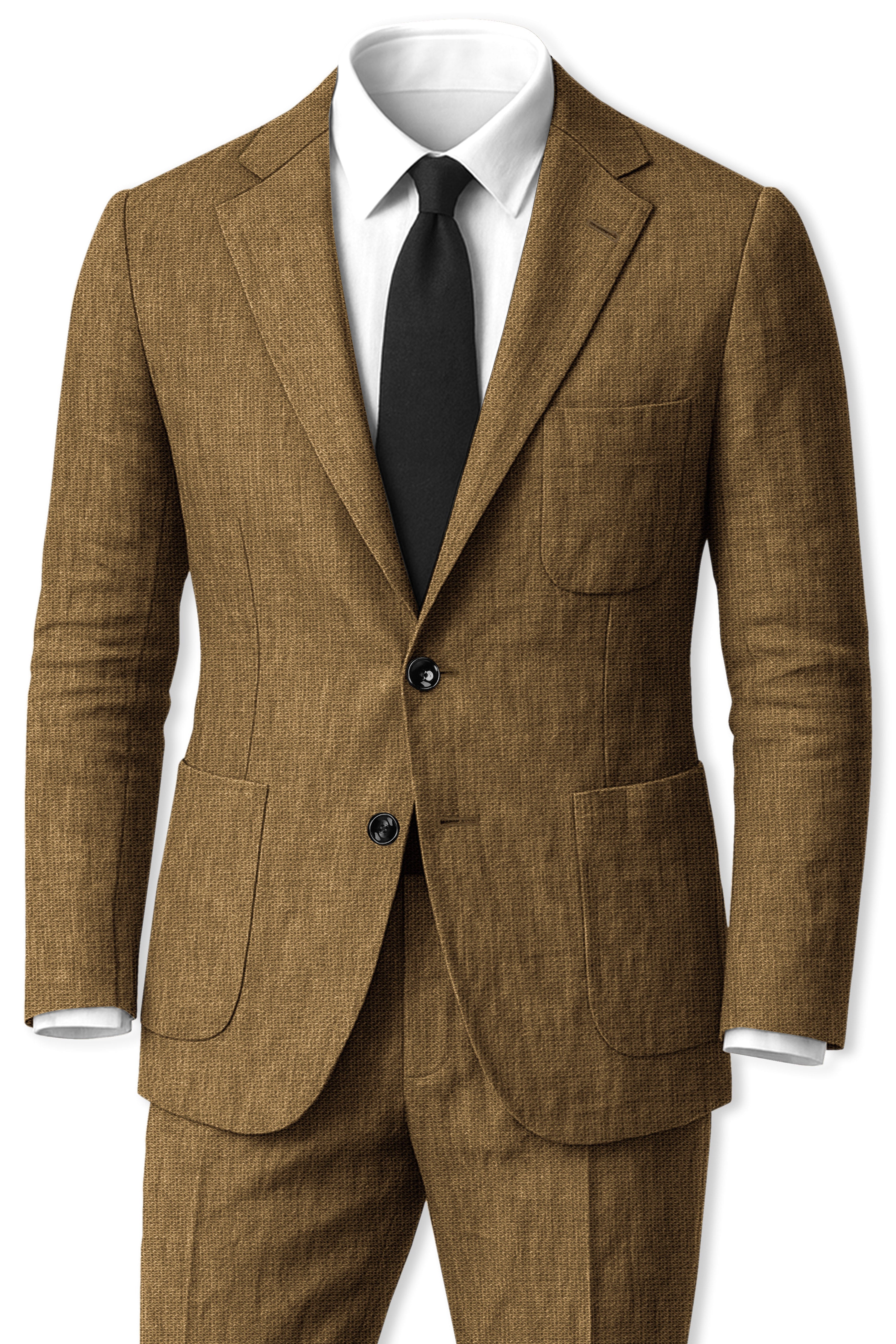 Brunoro-Khaki Solid Premium Linen Single Breasted Suit For Men.