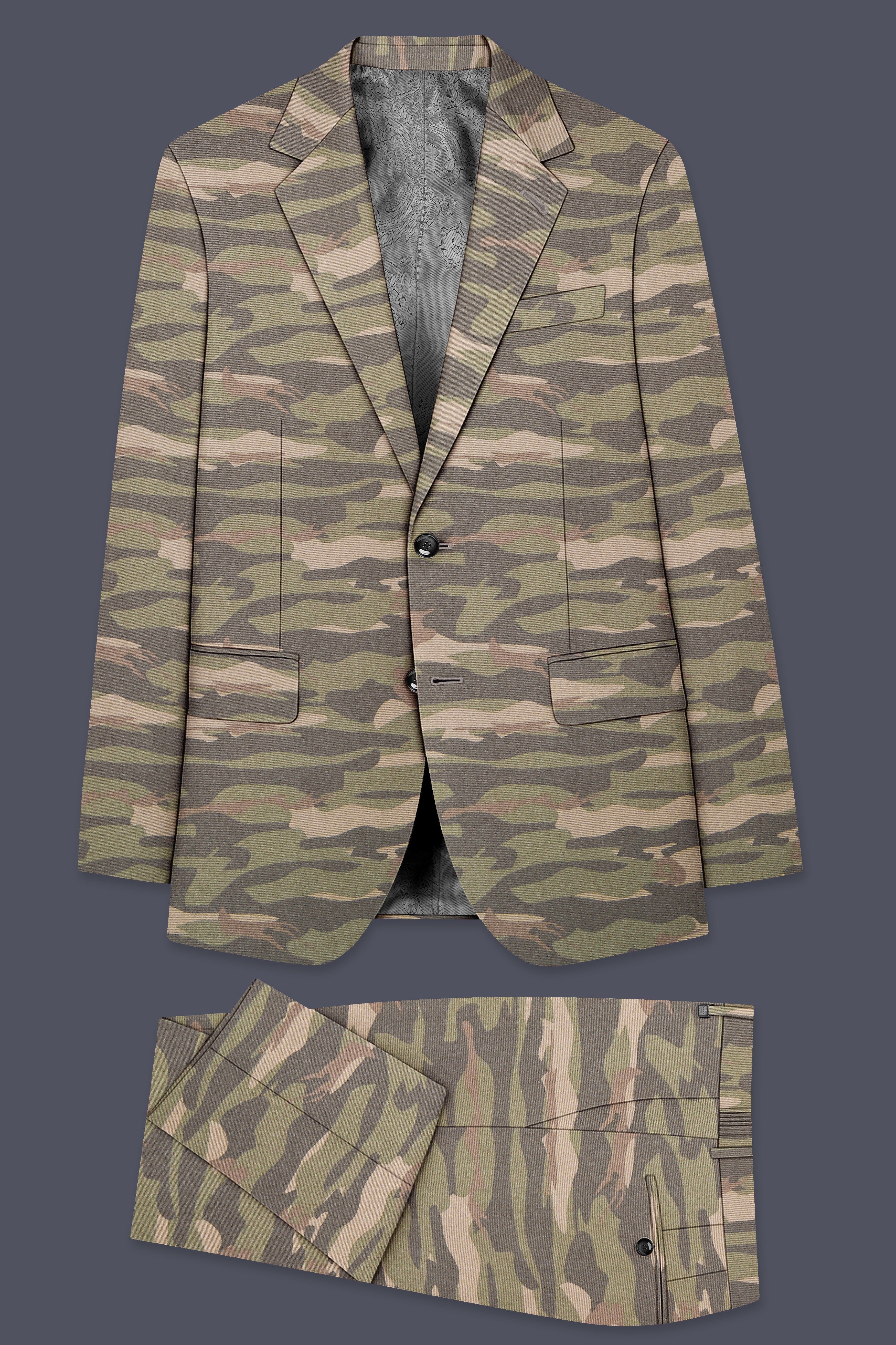 Wengoro-Crocodile Brown And Wenge Camouflage Printed Cotton Single Breasted Suit