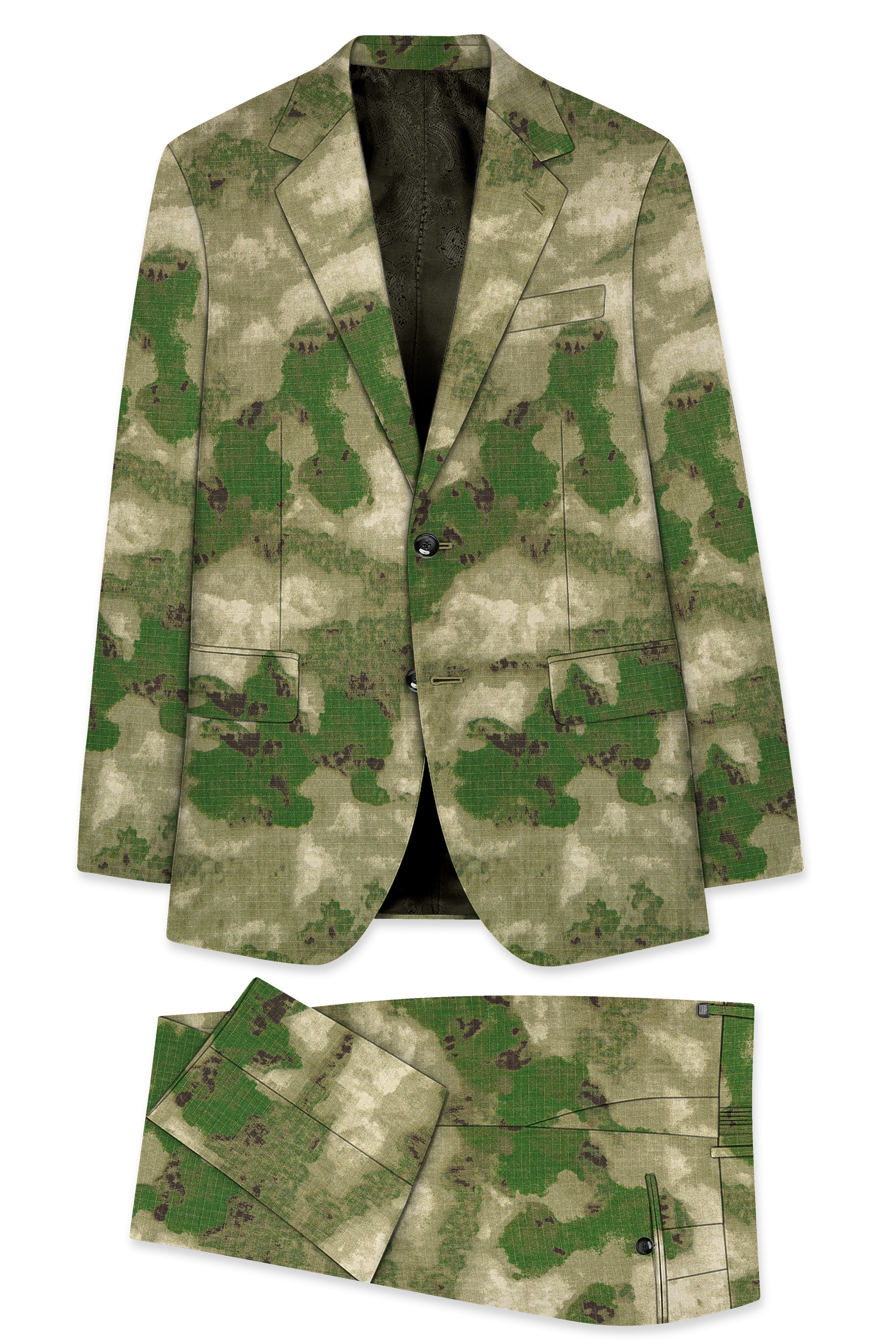 Virenza-Rifle Green and Wafer Cream Tie Dye Printed Premium Cotton Single Breasted Suit