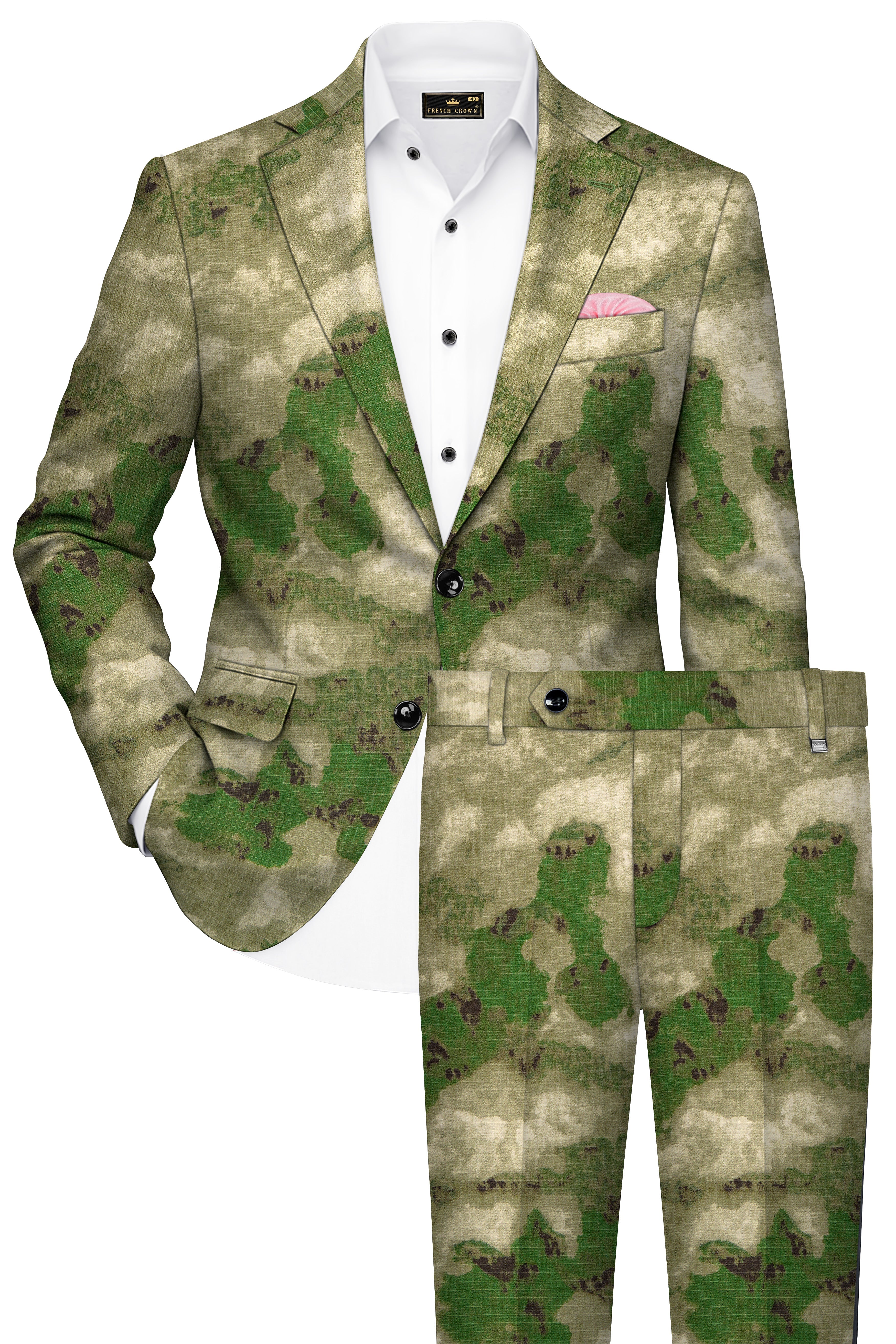 Virenza-Rifle Green and Wafer Cream Tie Dye Printed Premium Cotton Single Breasted Suit
