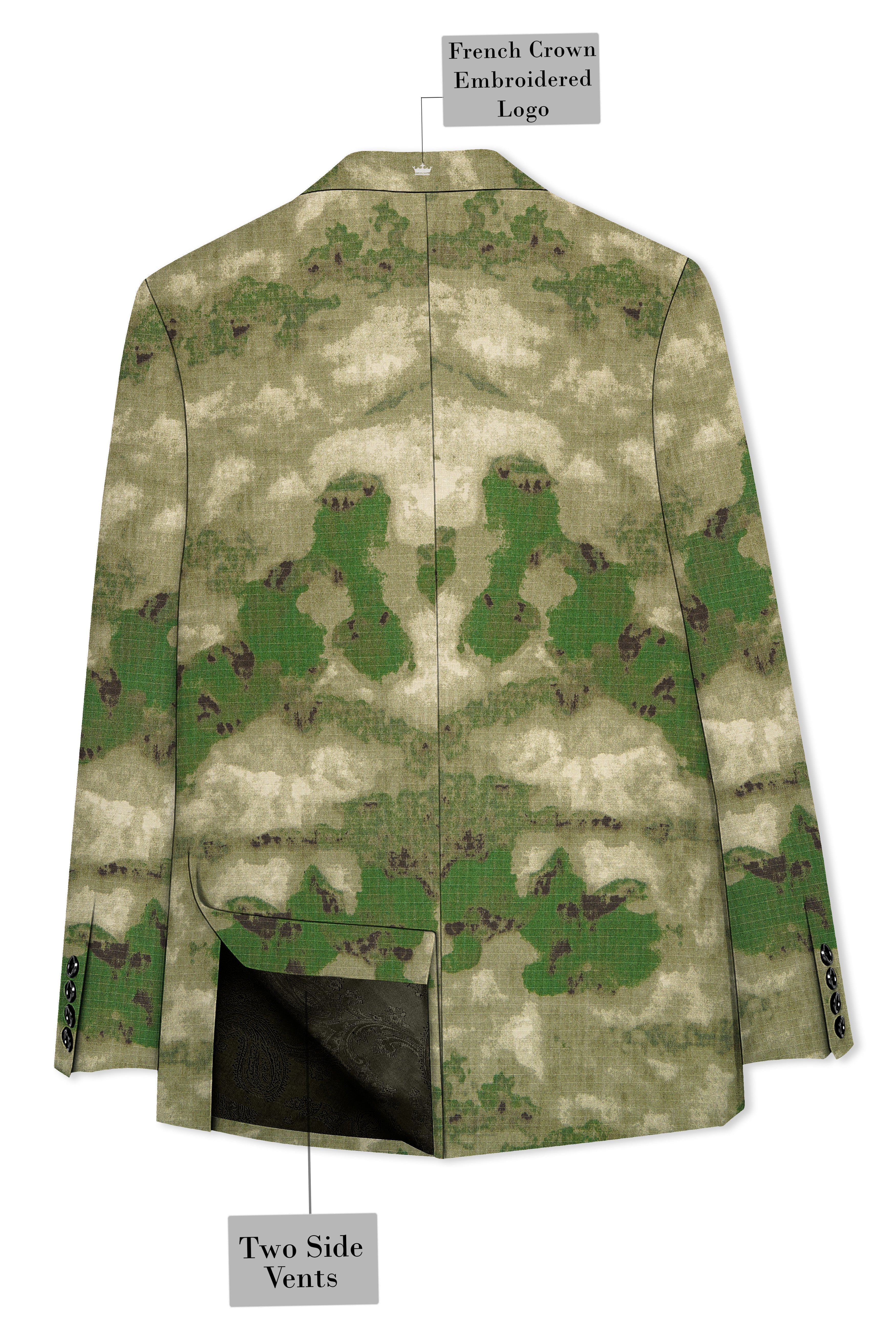 Virenza-Rifle Green and Wafer Cream Tie Dye Printed Premium Cotton Single Breasted Suit
