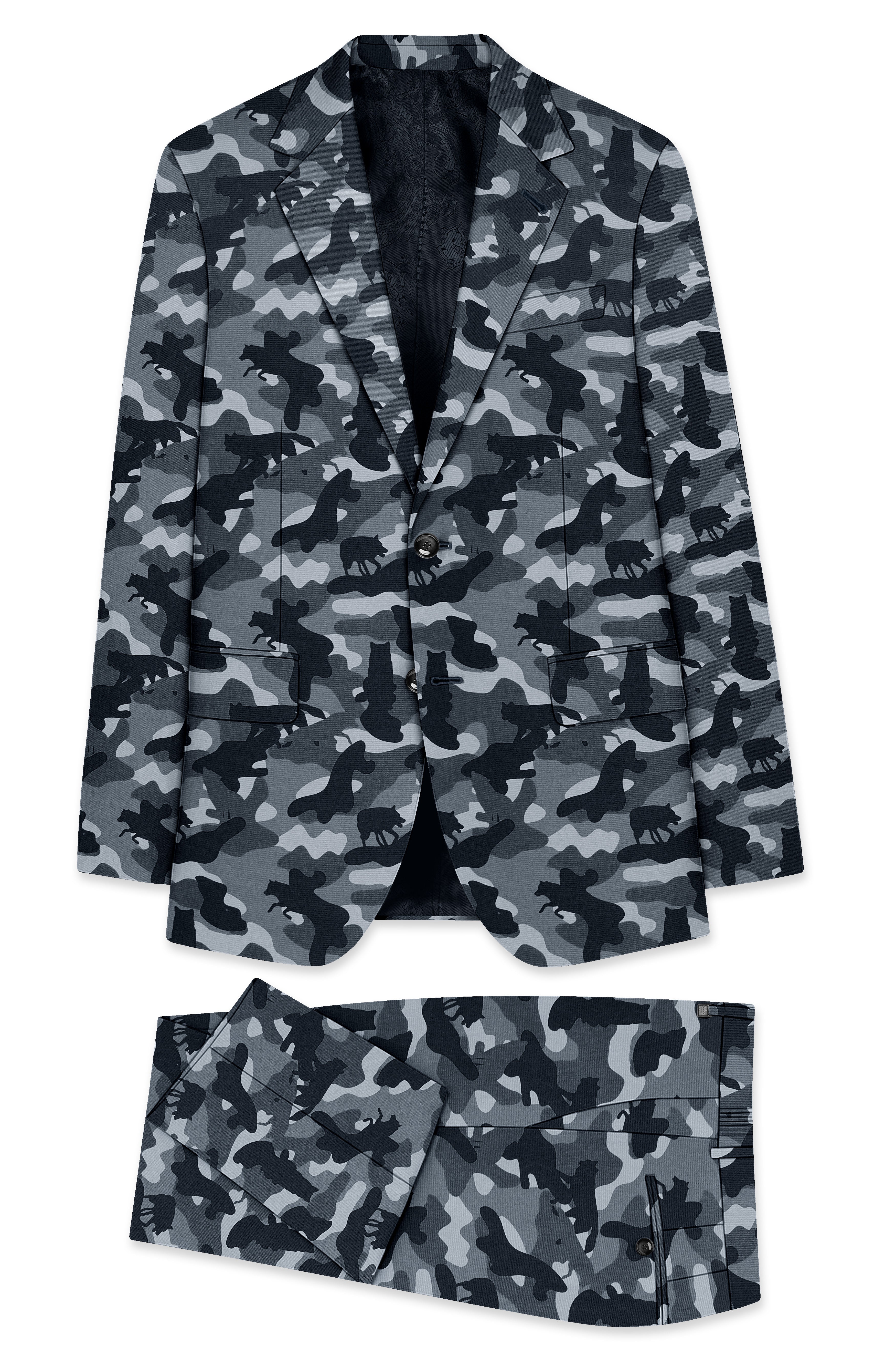 Obscaro-Carbon Gray And Cinder Black Camouflage Printed Cotton Single Breasted Suit
