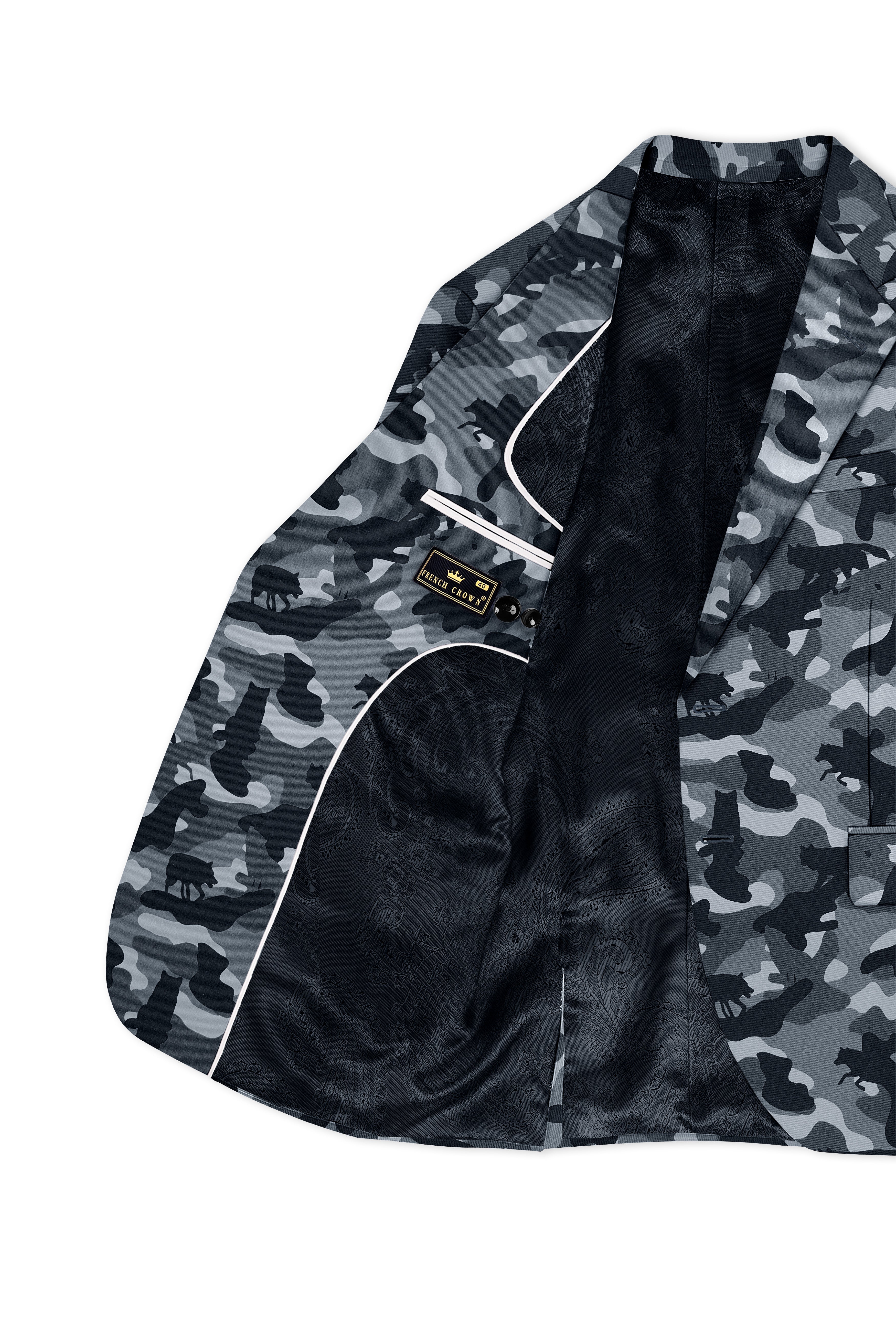 Obscaro-Carbon Gray And Cinder Black Camouflage Printed Cotton Single Breasted Suit