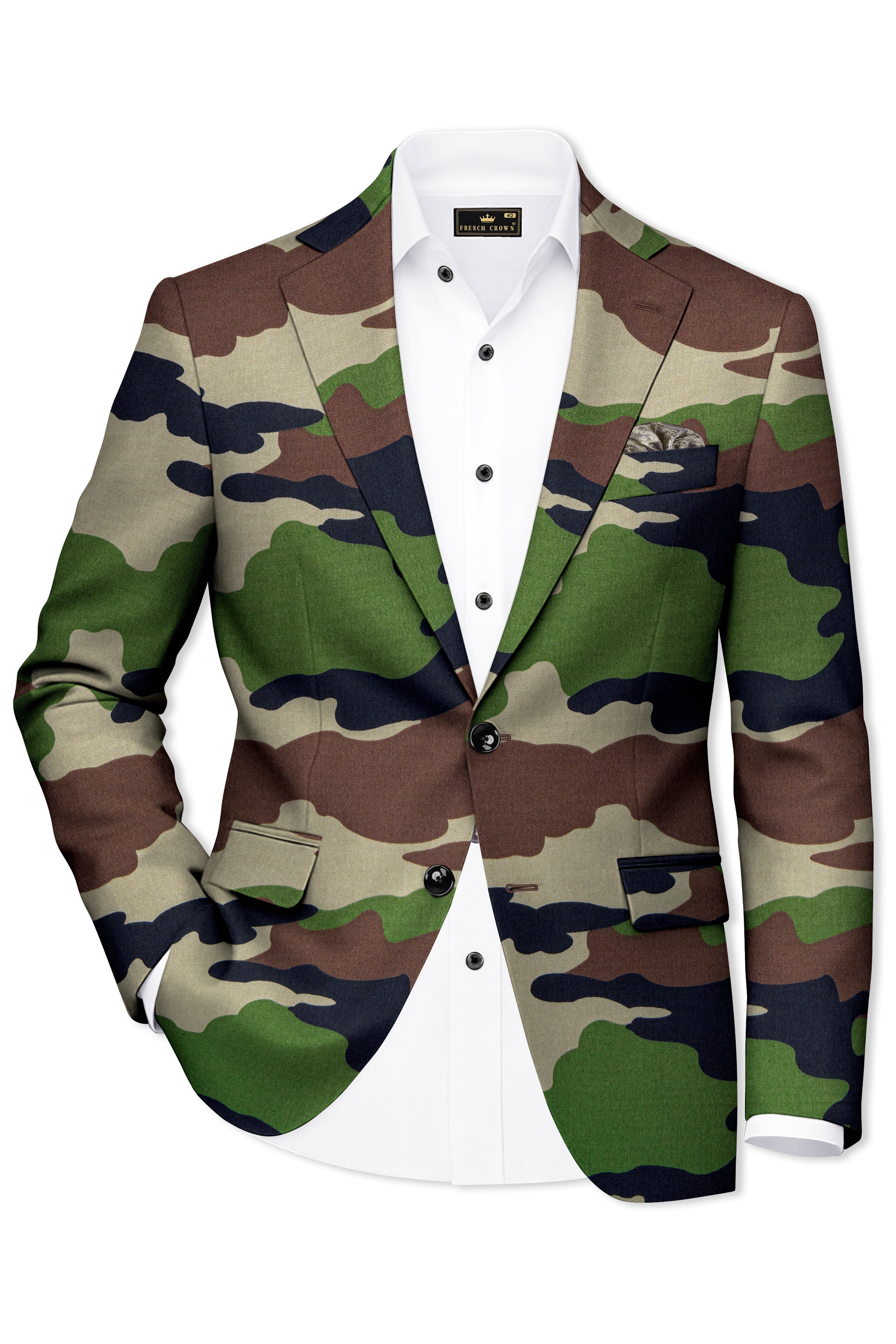 Aurever-Beaver Brown and Finch Green Camouflage Printed Premium Cotton Single Breasted Suit