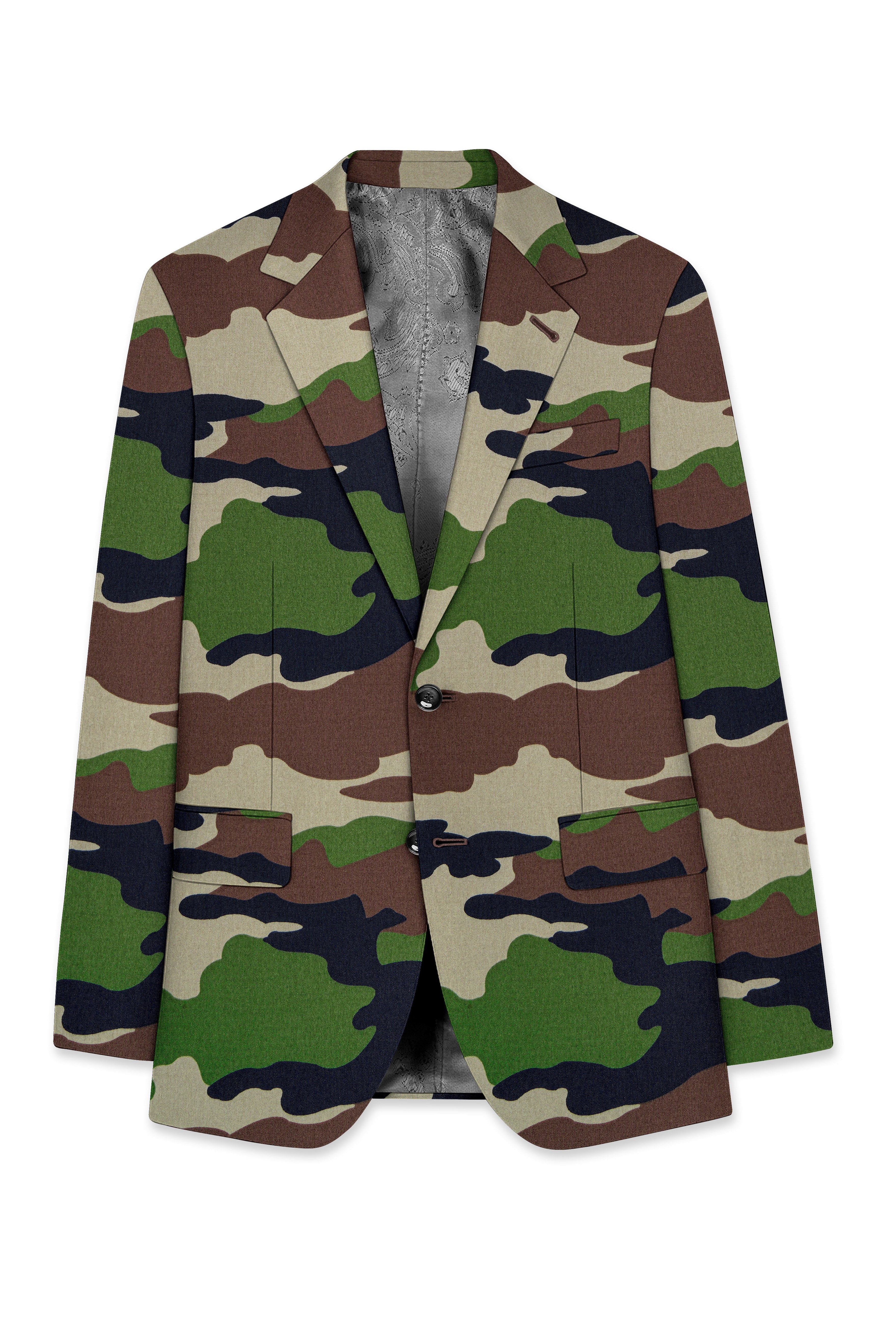 Aurever-Beaver Brown and Finch Green Camouflage Printed Premium Cotton Single Breasted Suit