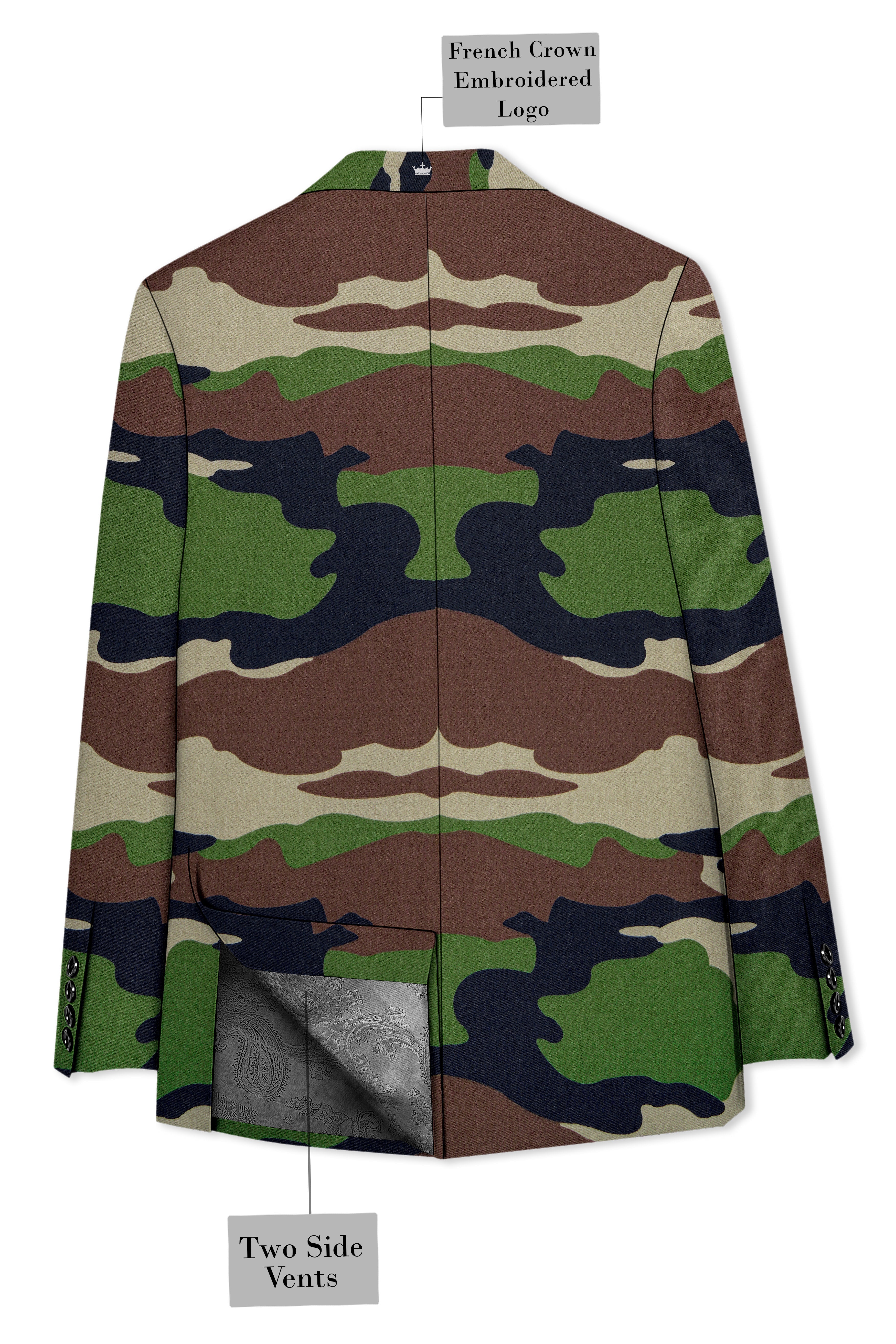 Aurever-Beaver Brown and Finch Green Camouflage Printed Premium Cotton Single Breasted Suit