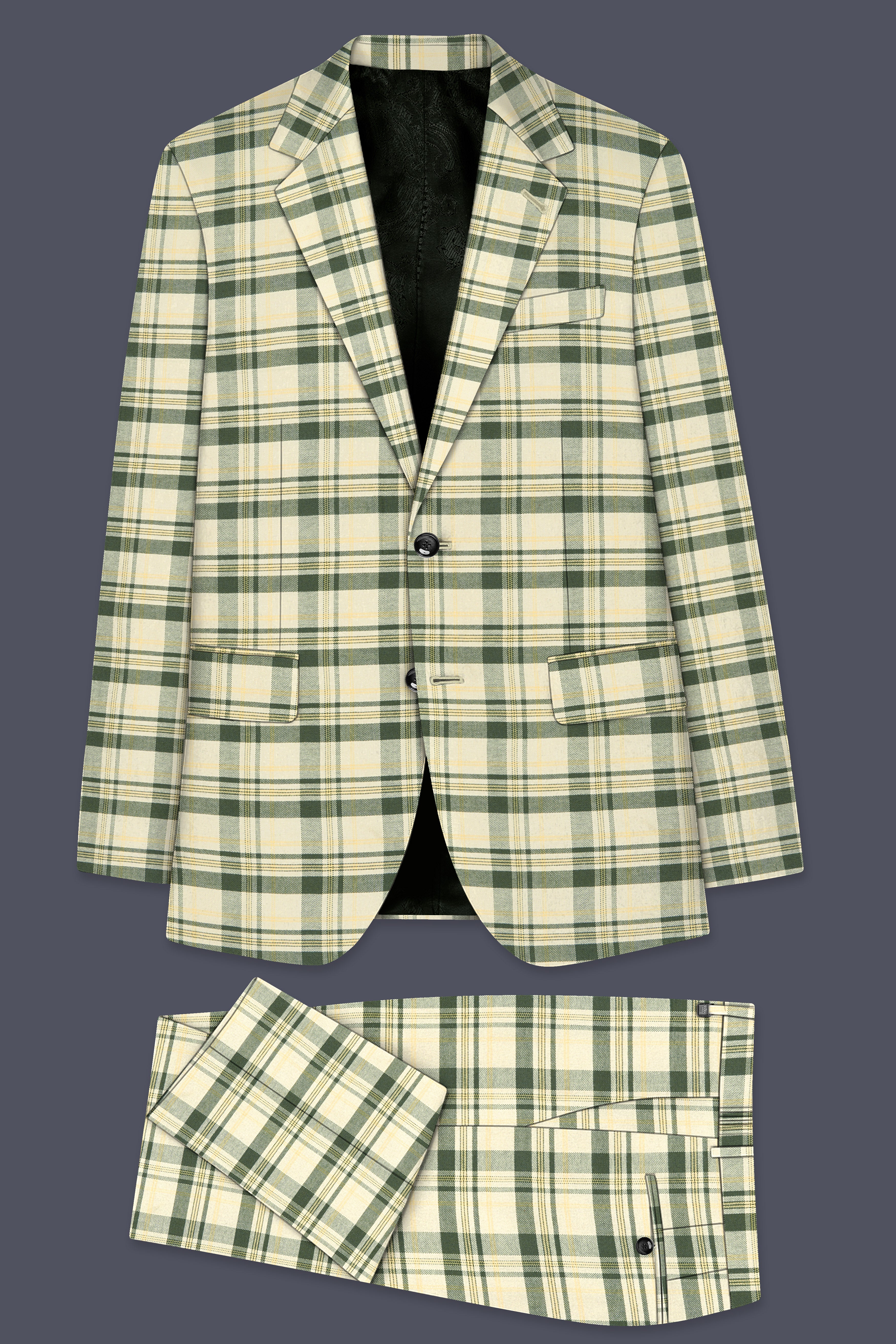 Swivoro-Swizzle Cream And Rangitoto Green Plaid Premium Cotton Single Breasted Suit