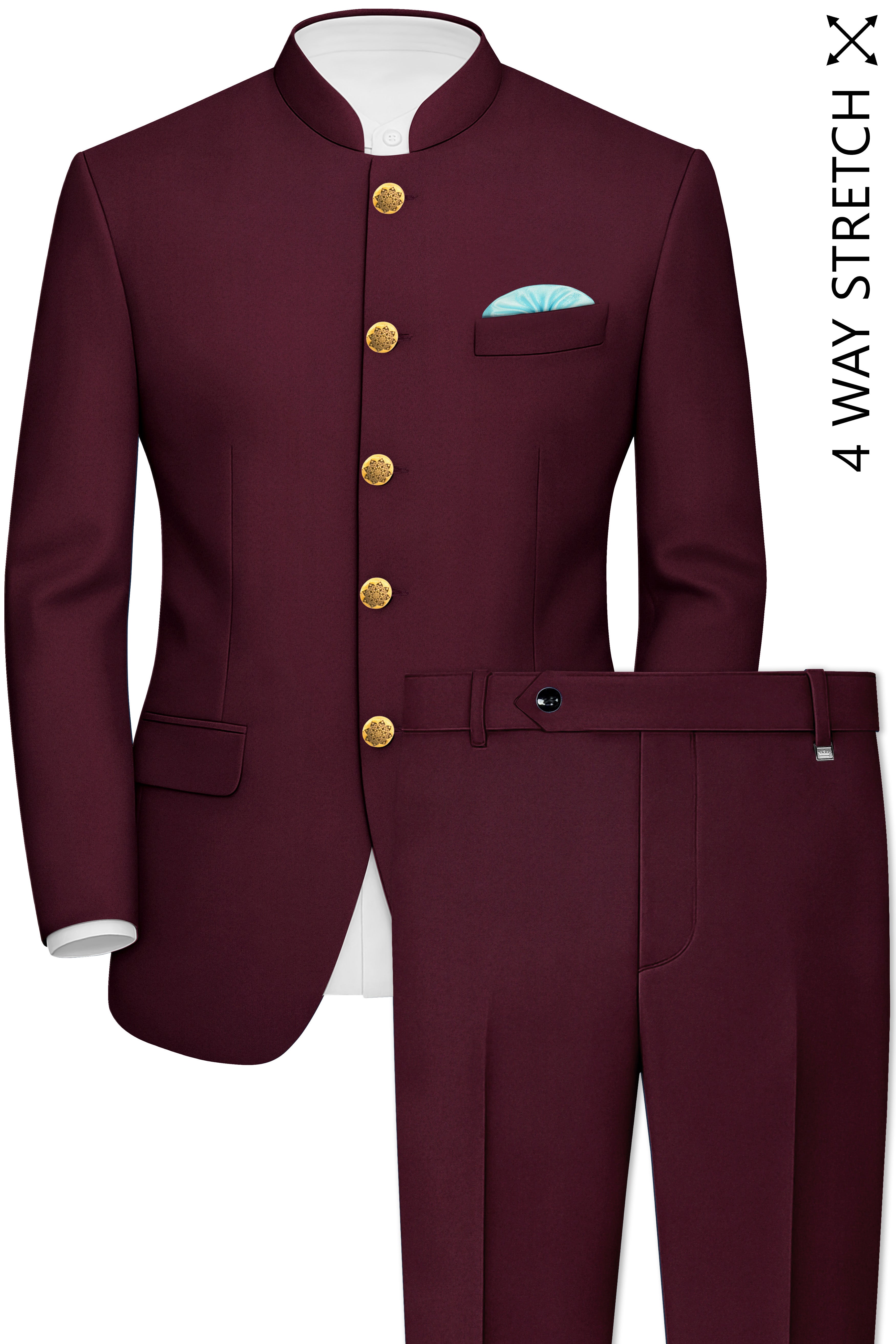Flexmaro-Korean Crater Maroon 4-Way Stretch Wrinkle-Free Wool Rich Bandhgala Suit