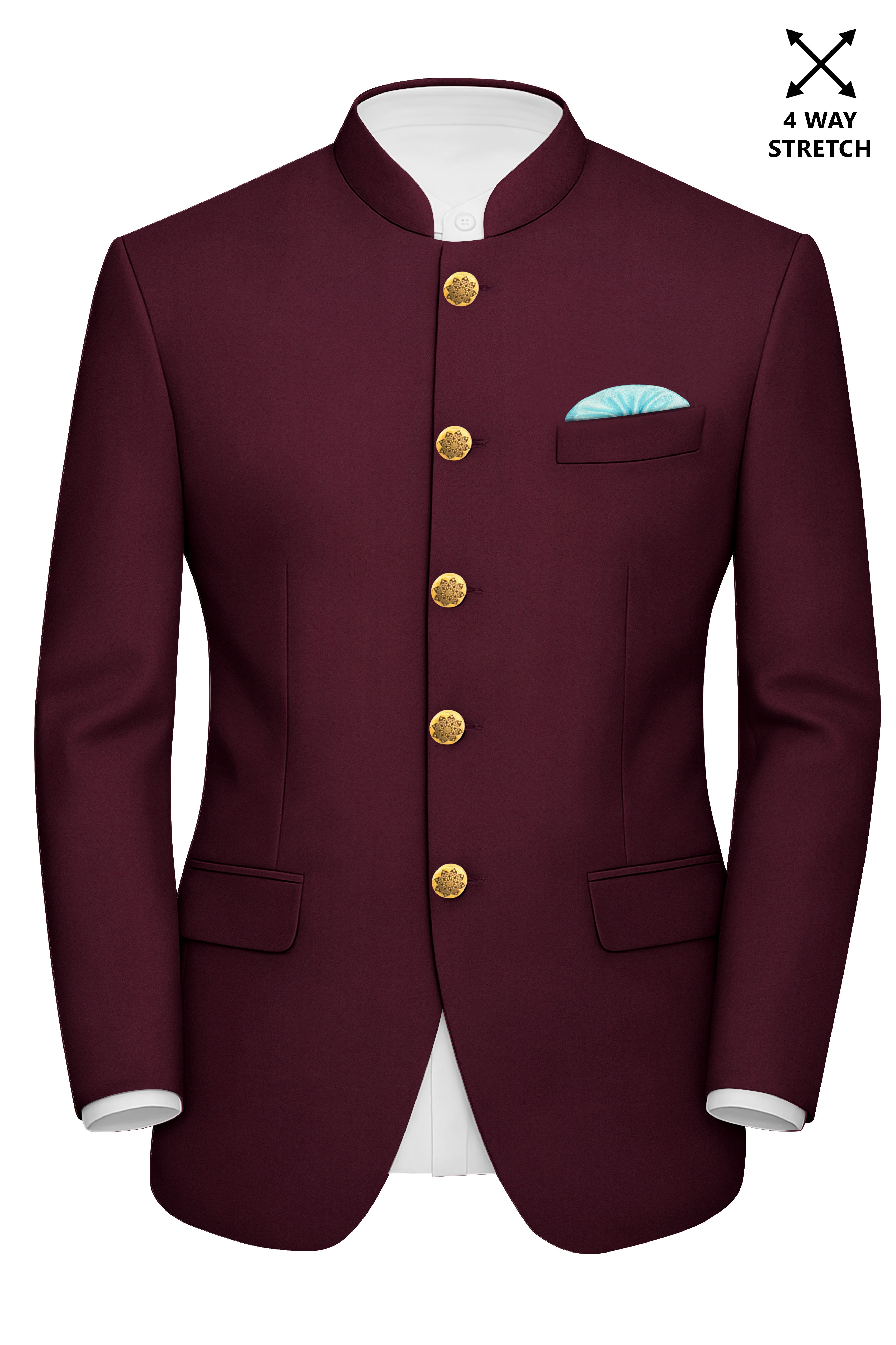 Flexmaro-Korean Crater Maroon 4-Way Stretch Wool Rich Bandhgala Suit