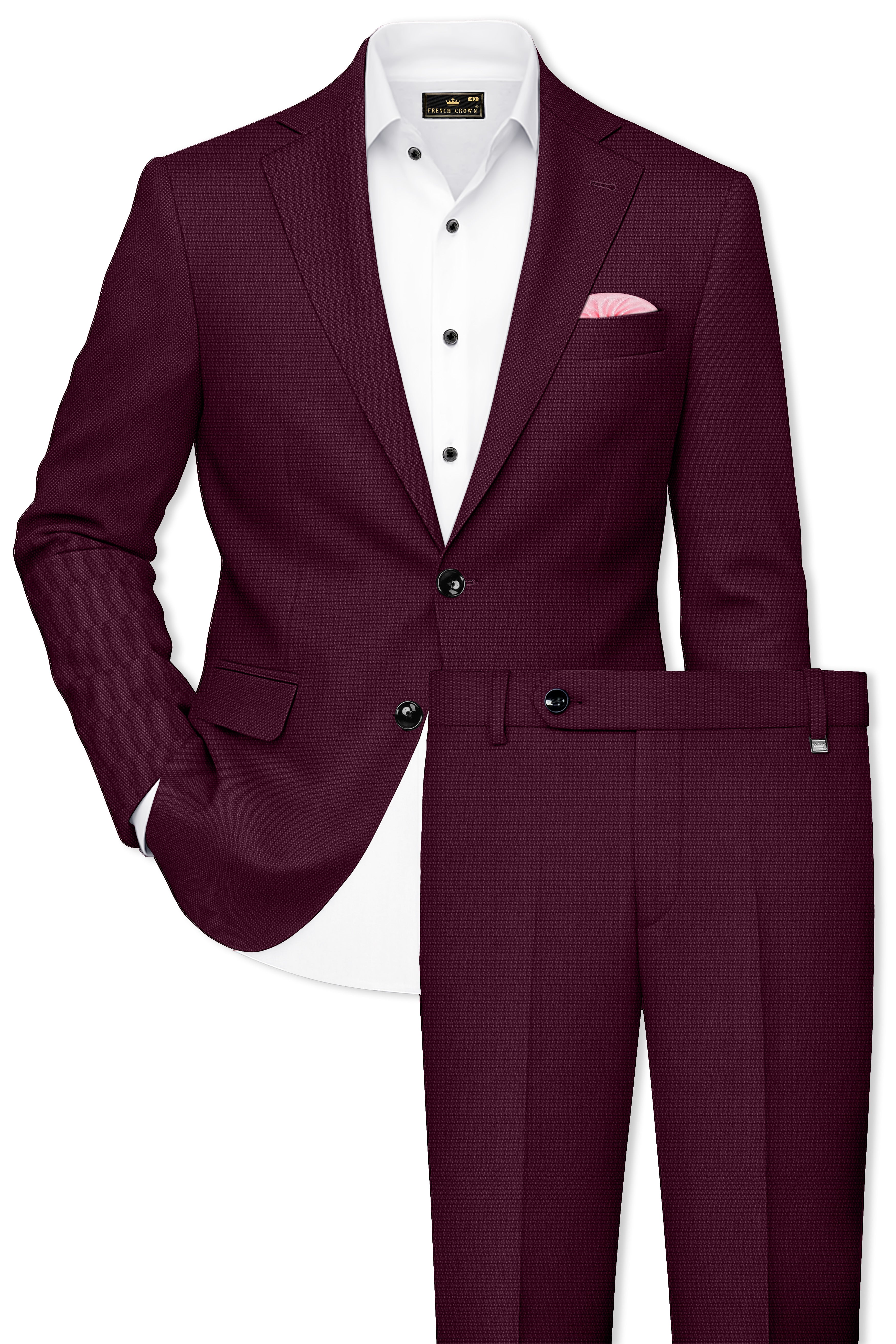 Auremar-Barossa Maroon Textured Wool Rich Single Breasted Suit