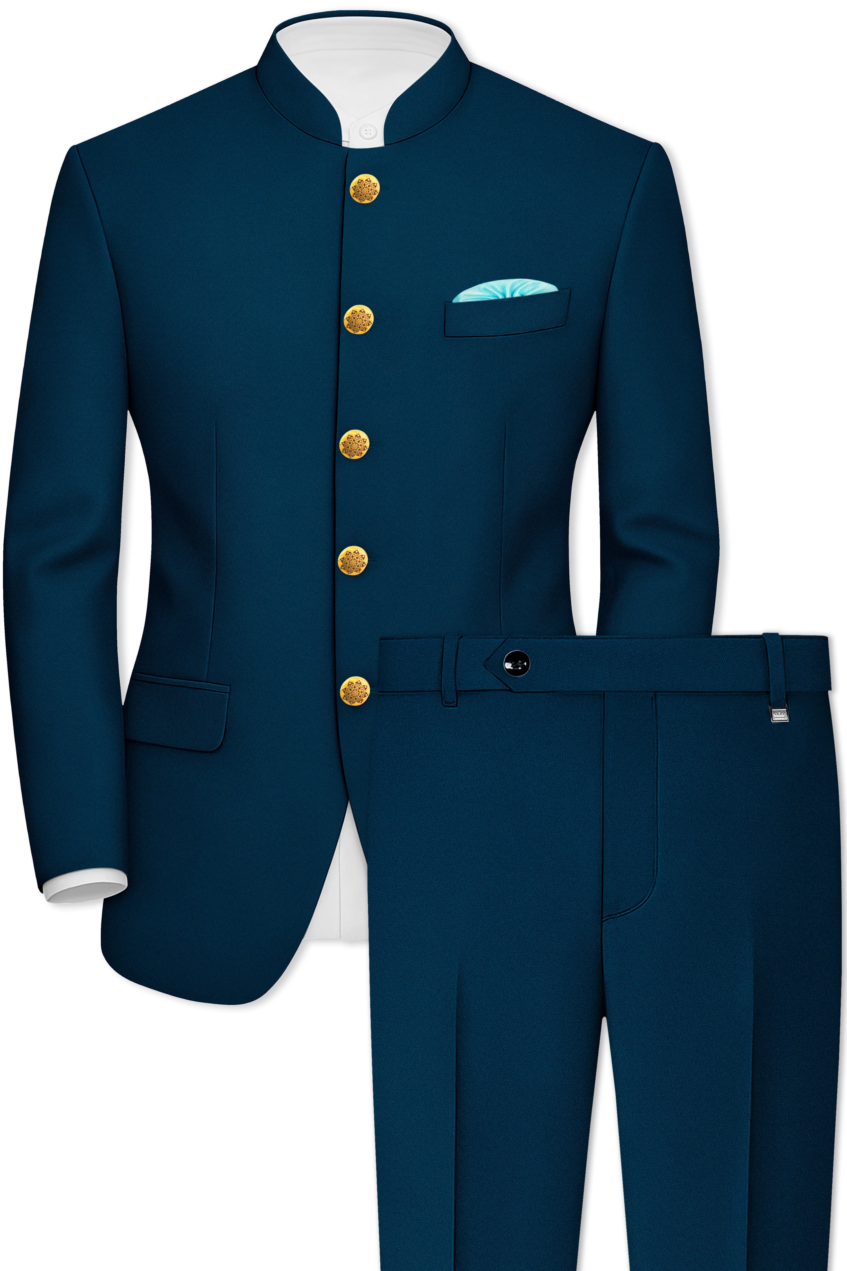 Aureblu-Korean Prussian Blue 4-Way Stretch Wool Rich Bandhgala Suit