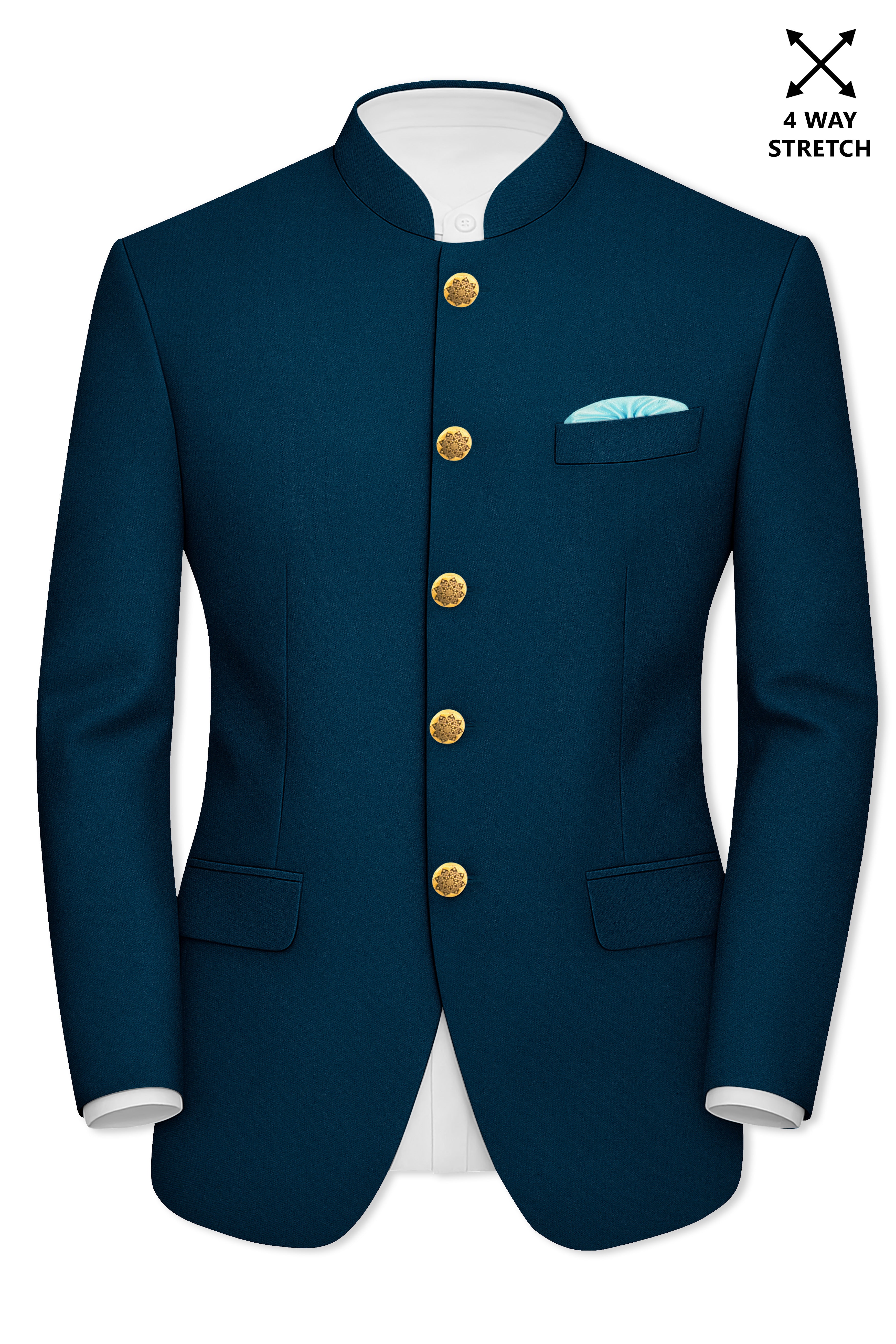 Aureblu-Korean Prussian Blue 4-Way Stretch Wrinkle-Free Wool Rich Bandhgala Suit