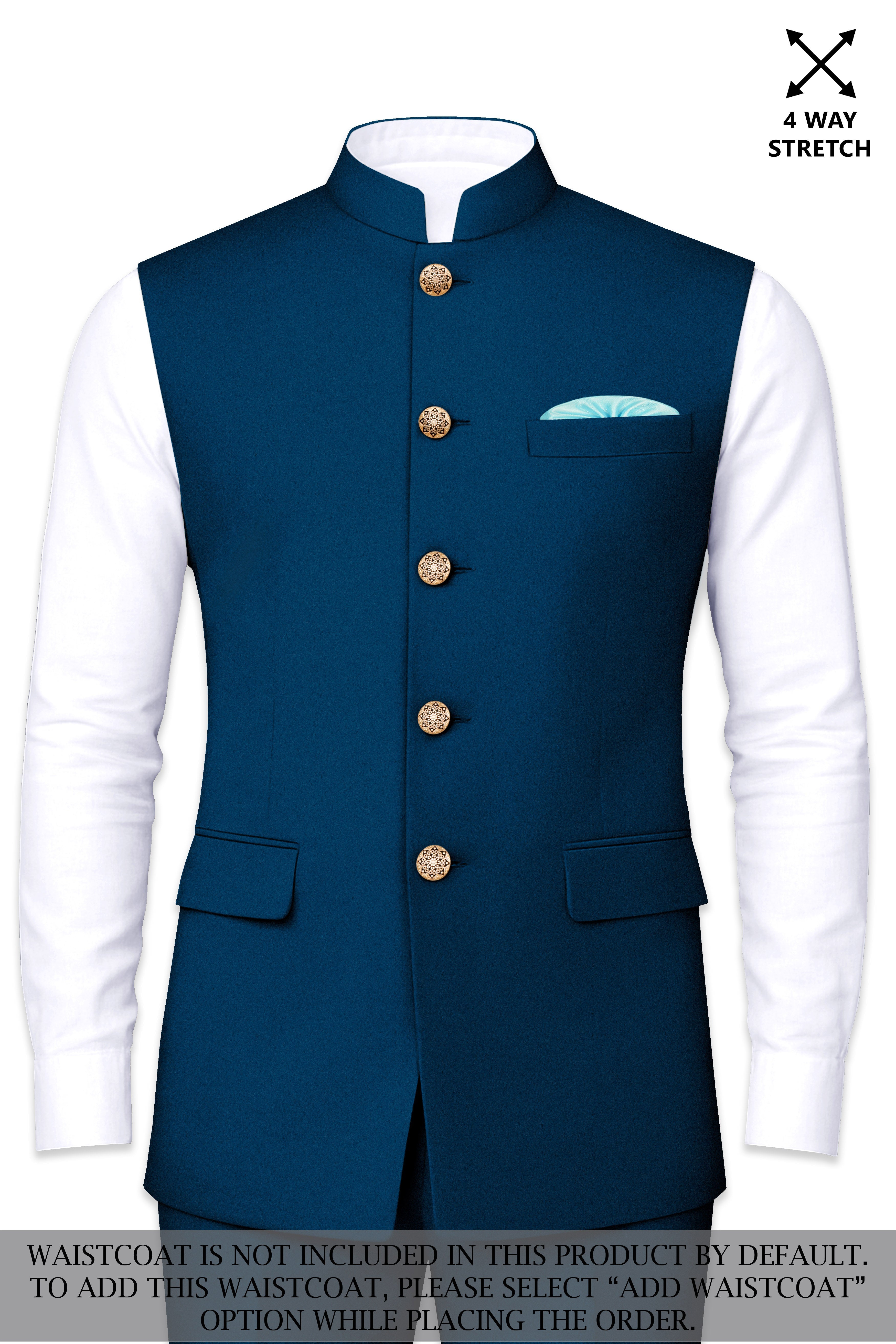 Aureblu-Korean Prussian Blue 4-Way Stretch Wrinkle-Free Wool Rich Bandhgala Suit