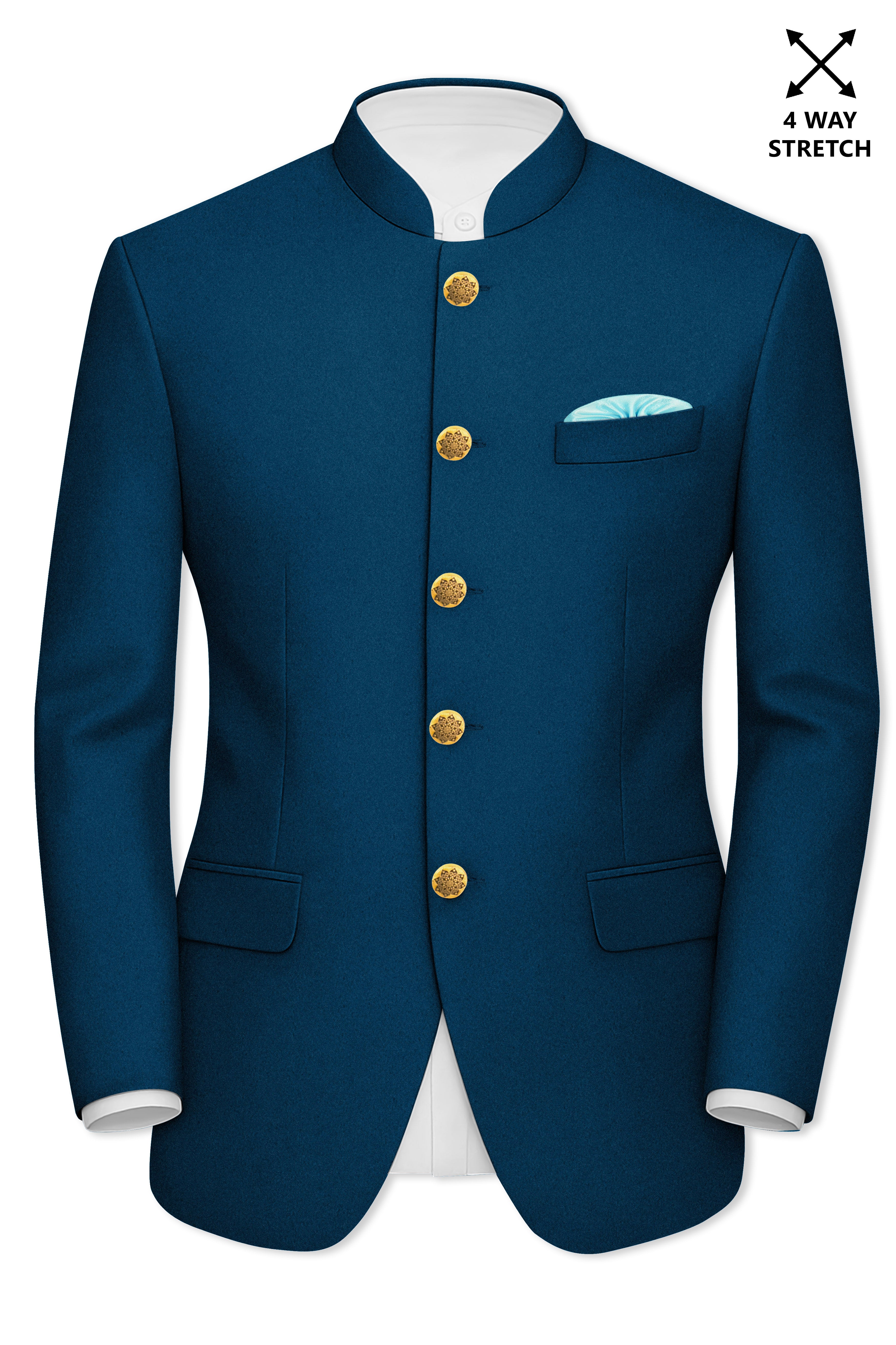 Aureblu-Korean Prussian Blue 4-Way Stretch Wool Rich Bandhgala Suit