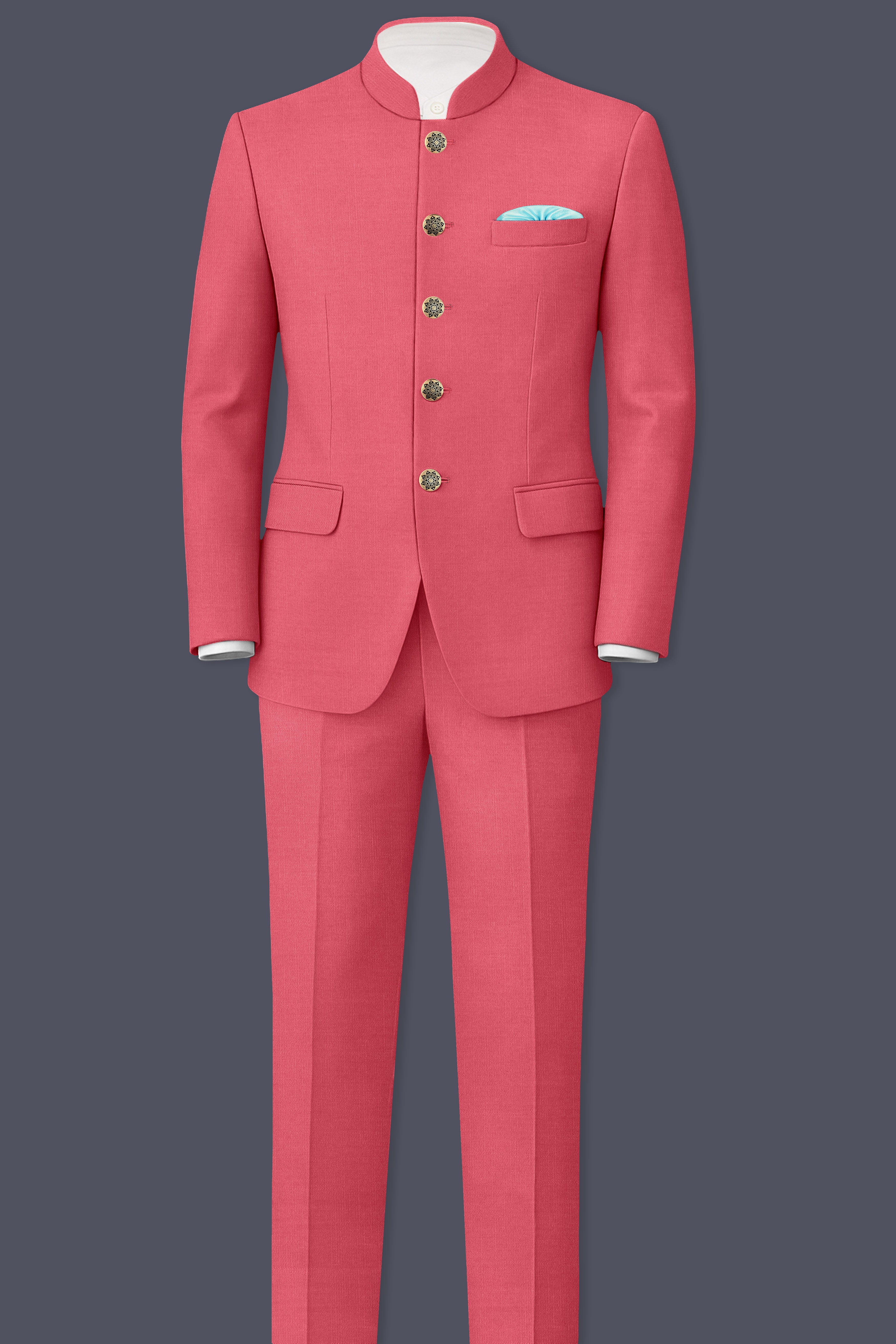 Aurerosa-Roman Pink Wool Rich Bandhgala Slight Stretch Suit