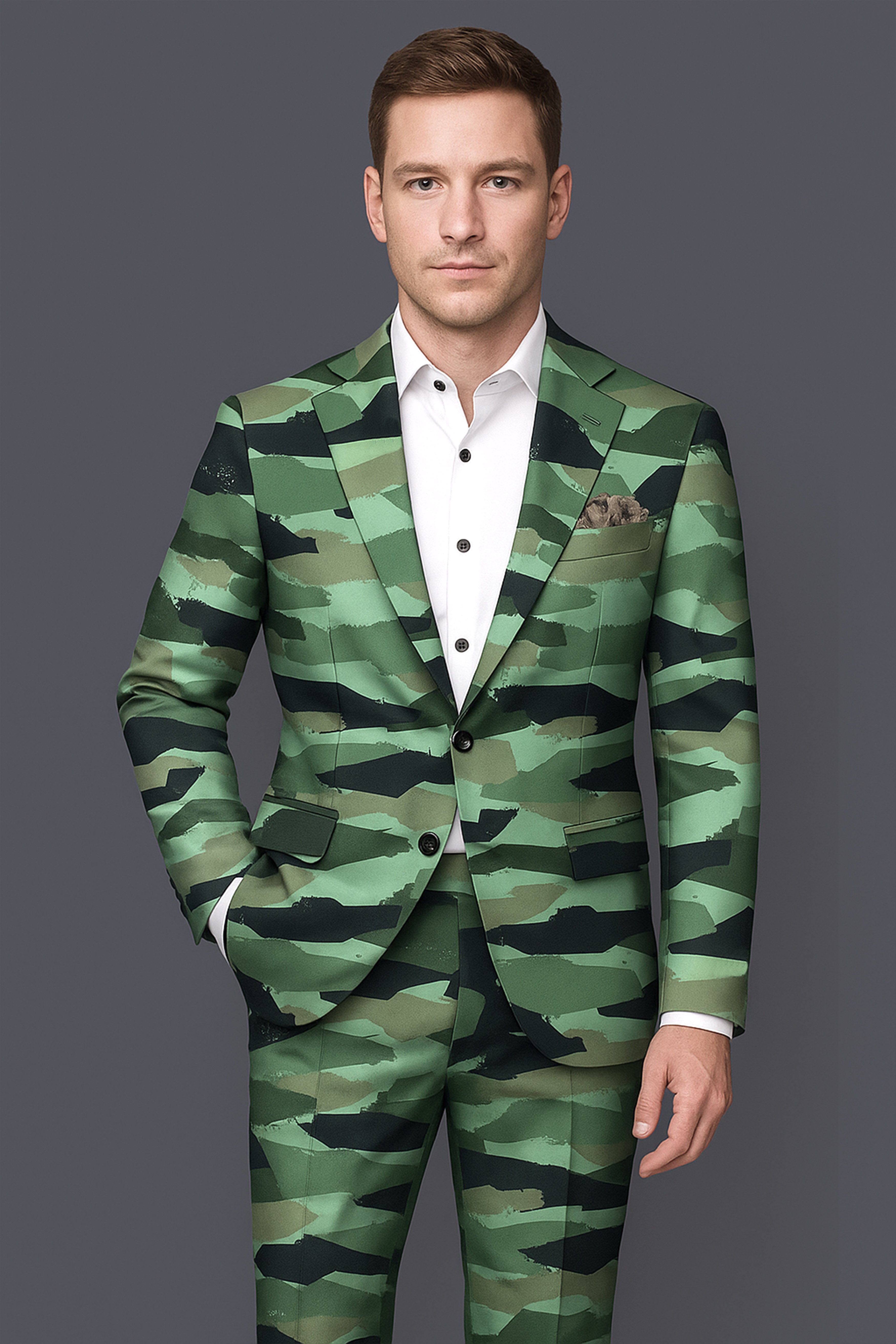 Verdvoro-Pale Green And Firefly Blue Camouflage Printed Premium Cotton Single Breasted Suit