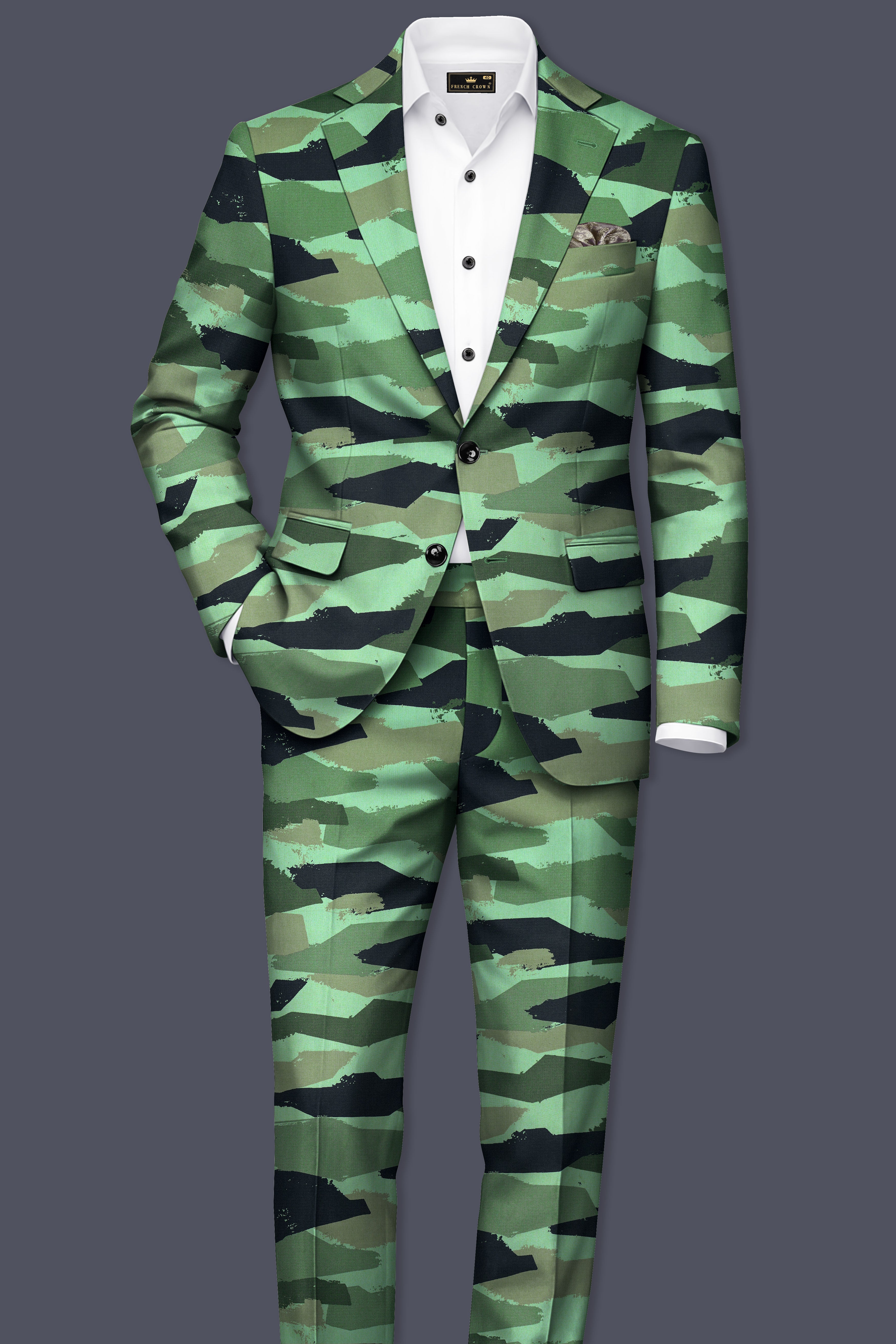 Verdvoro-Pale Green And Firefly Blue Camouflage Printed Premium Cotton Single Breasted Suit