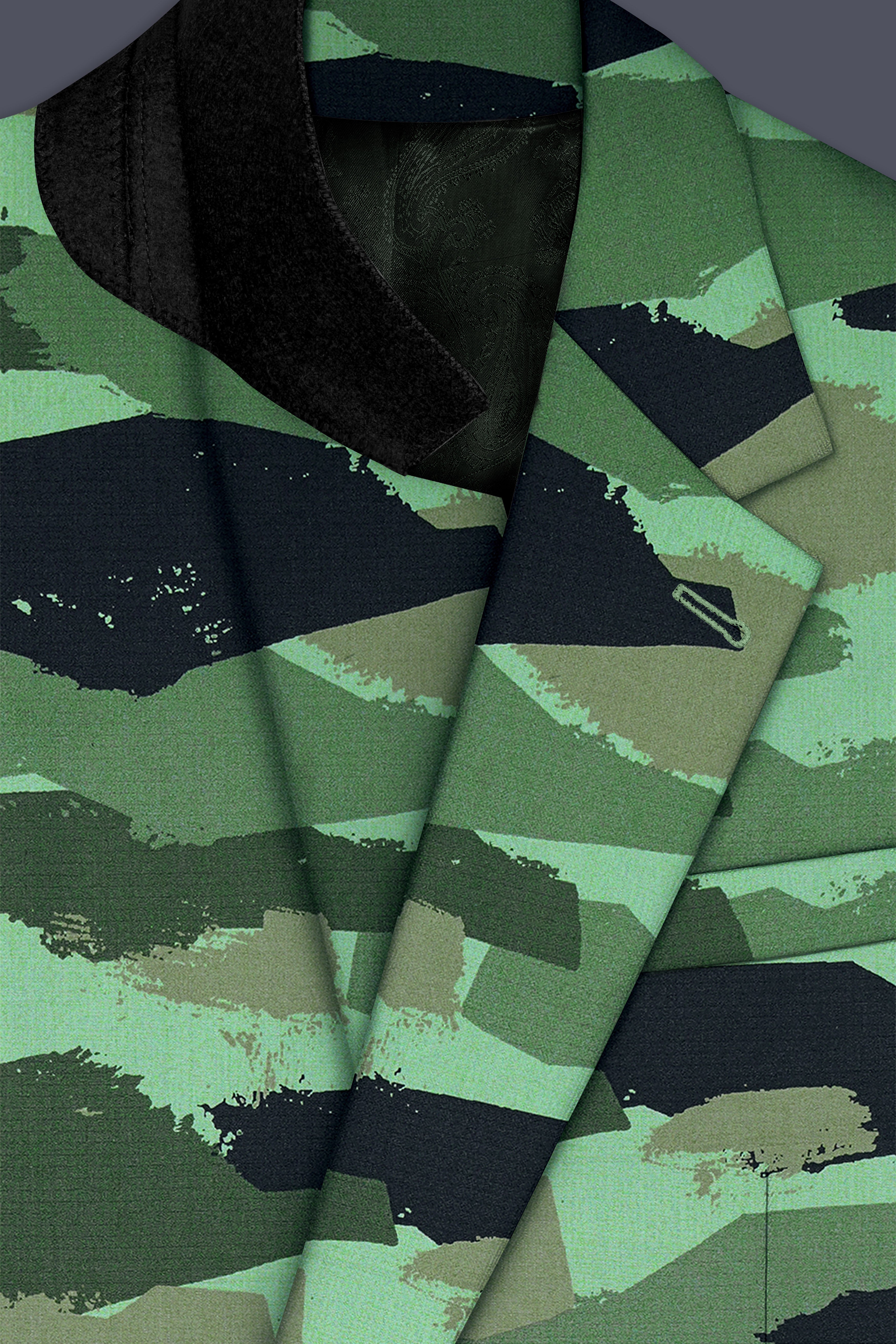 Verdvoro-Pale Green And Firefly Blue Camouflage Printed Premium Cotton Single Breasted Suit