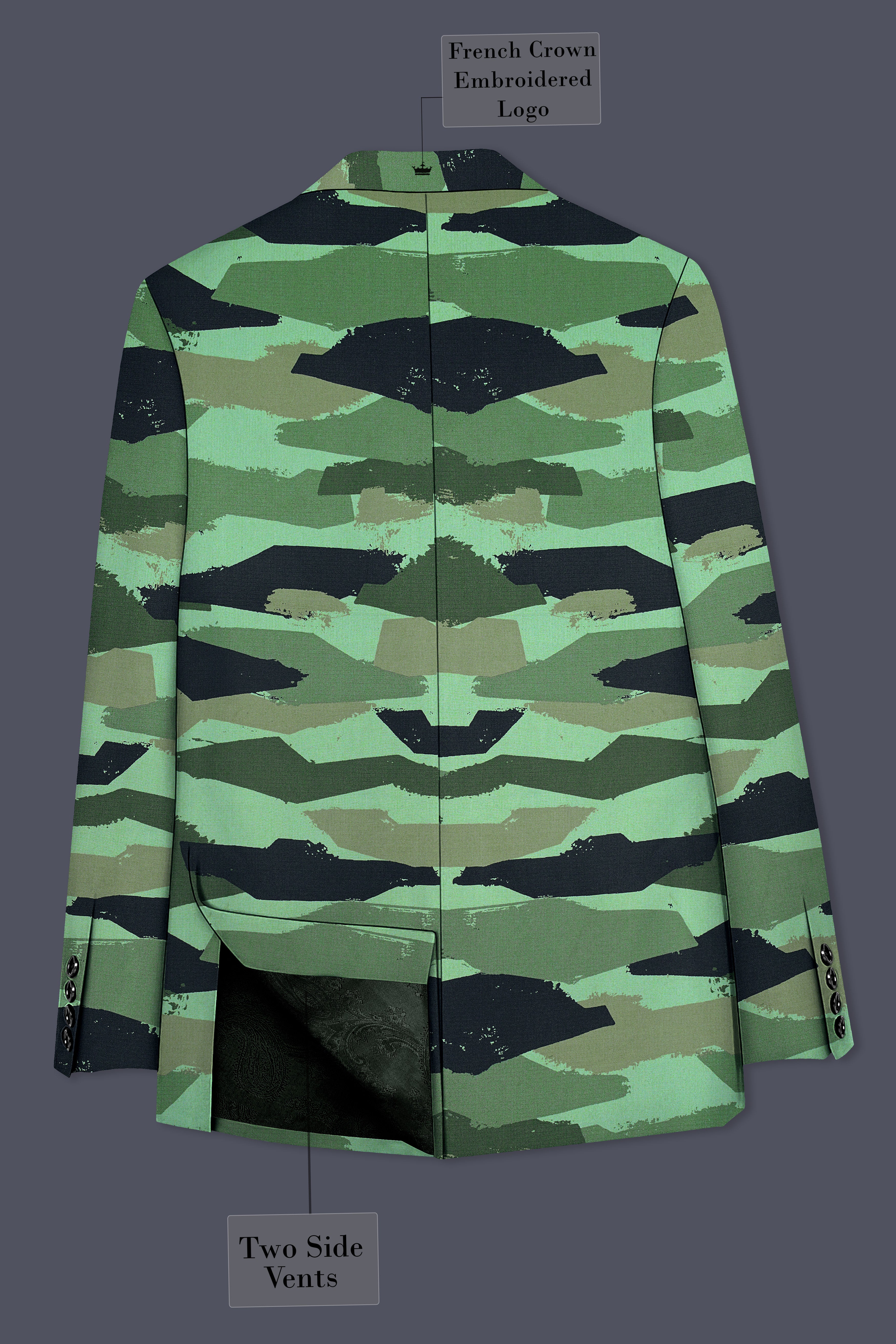 Verdvoro-Pale Green And Firefly Blue Camouflage Printed Premium Cotton Single Breasted Suit