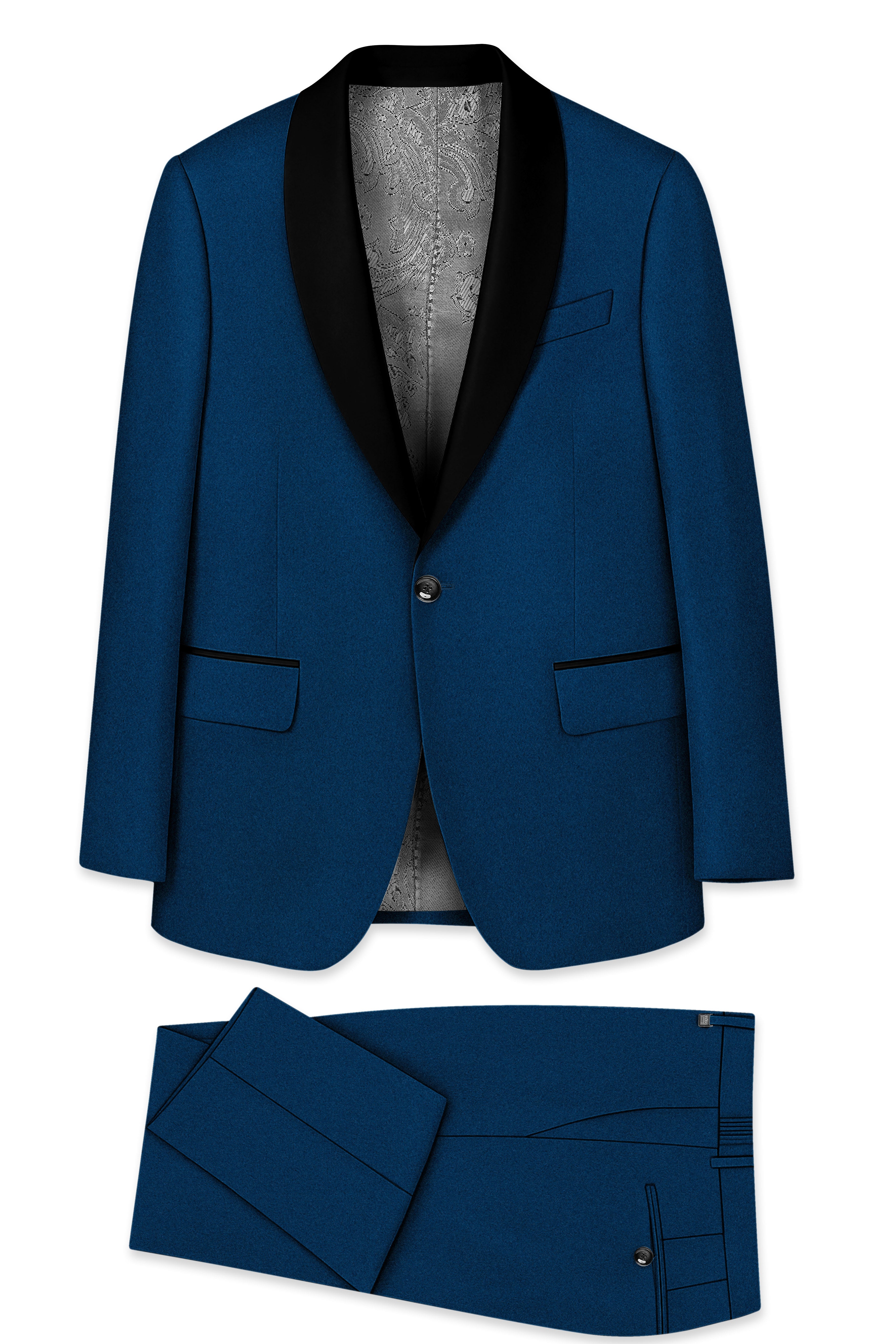 Aureblu-Korean Prussian Blue 4-Way Stretch Wrinkle-Free Wool Rich Tuxedo Suit