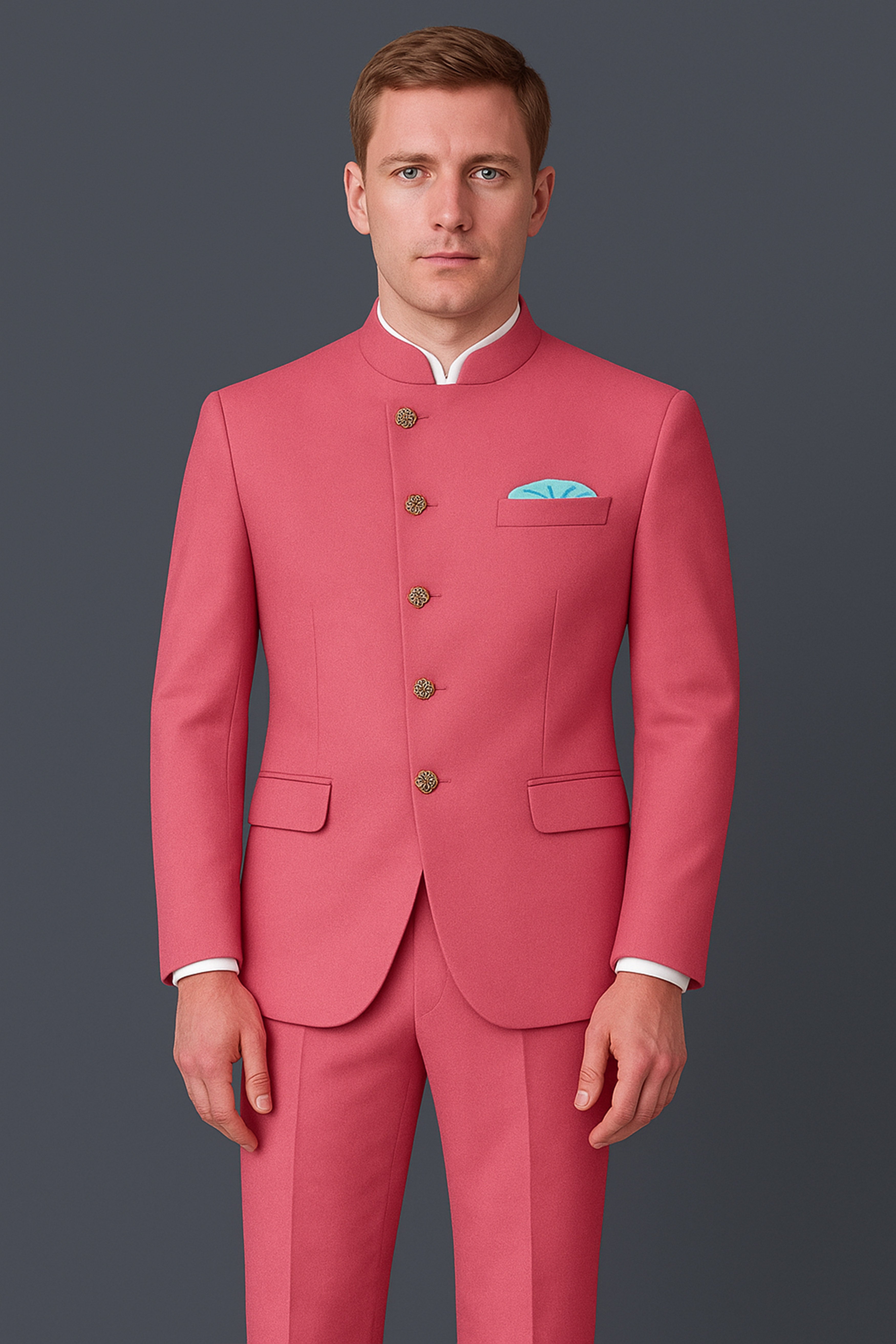 Aurerosa-Roman Pink Wool Rich Cross Placket Bandhgala Slight Stretch Suit