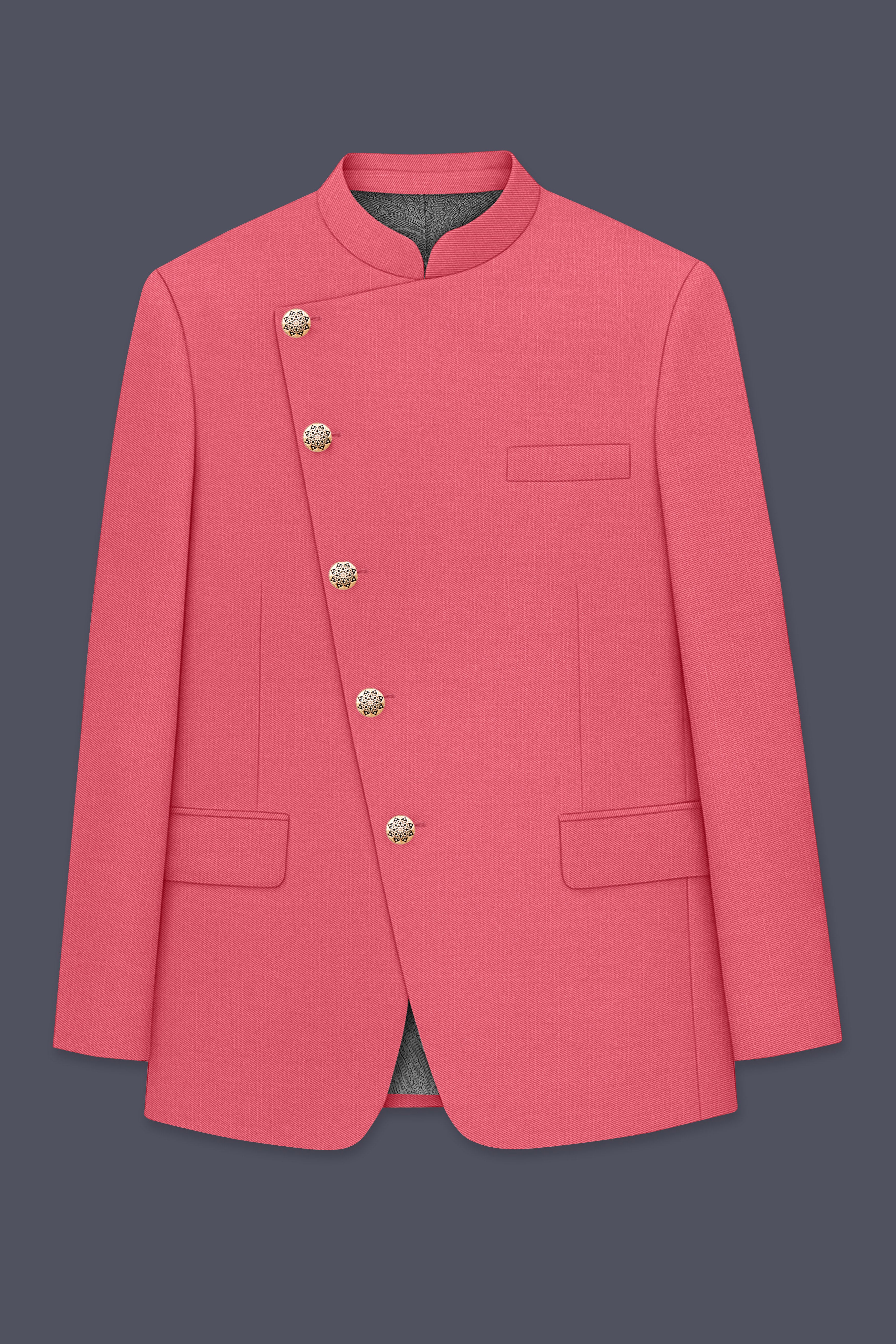 Aurerosa-Roman Pink Wool Rich Cross Placket Bandhgala Slight Stretch Suit