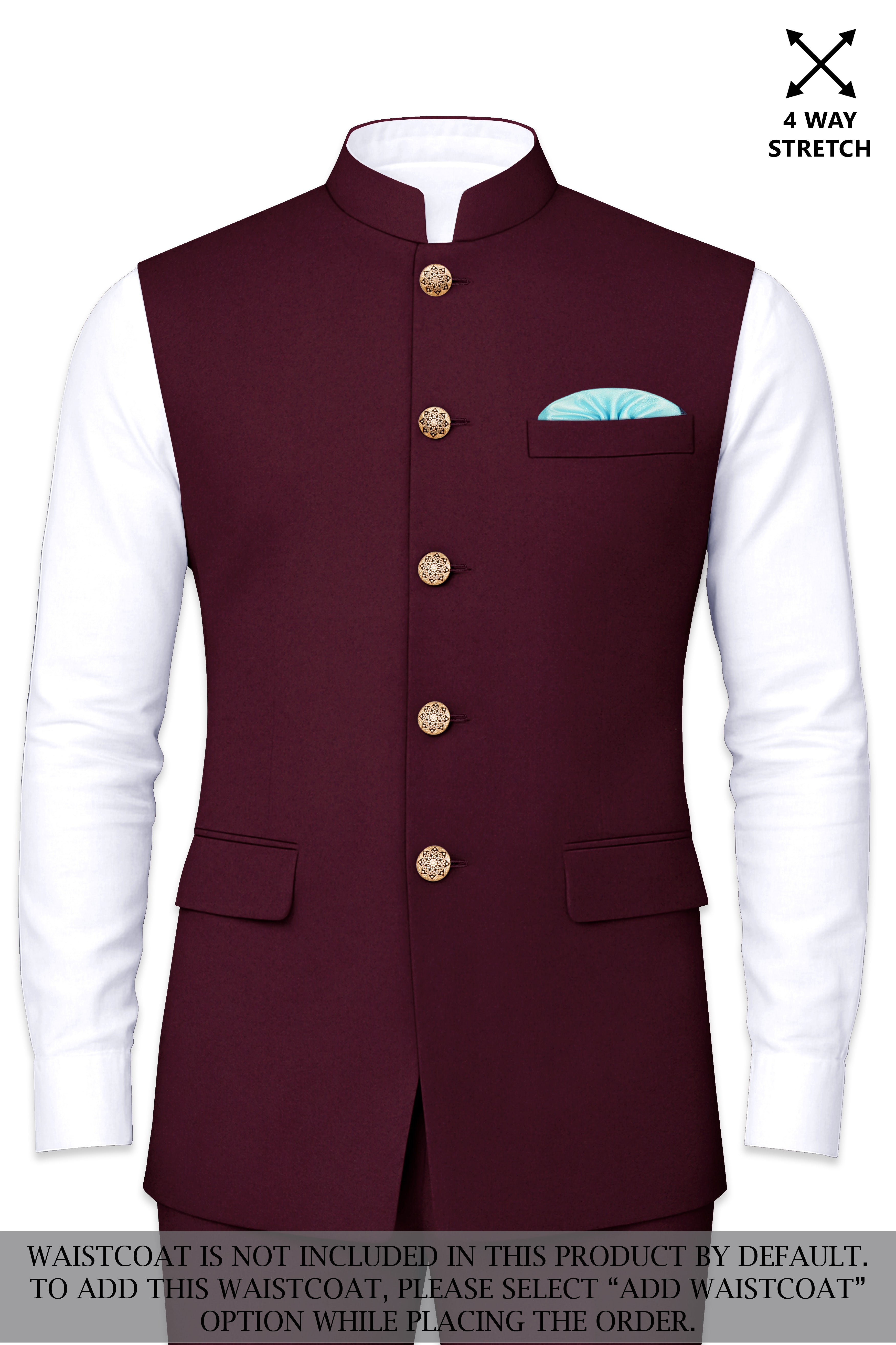 Flexmaro-Korean Crater Maroon 4-Way Stretch Wrinkle-Free Wool Rich Cross Placket Bandhgala Suit