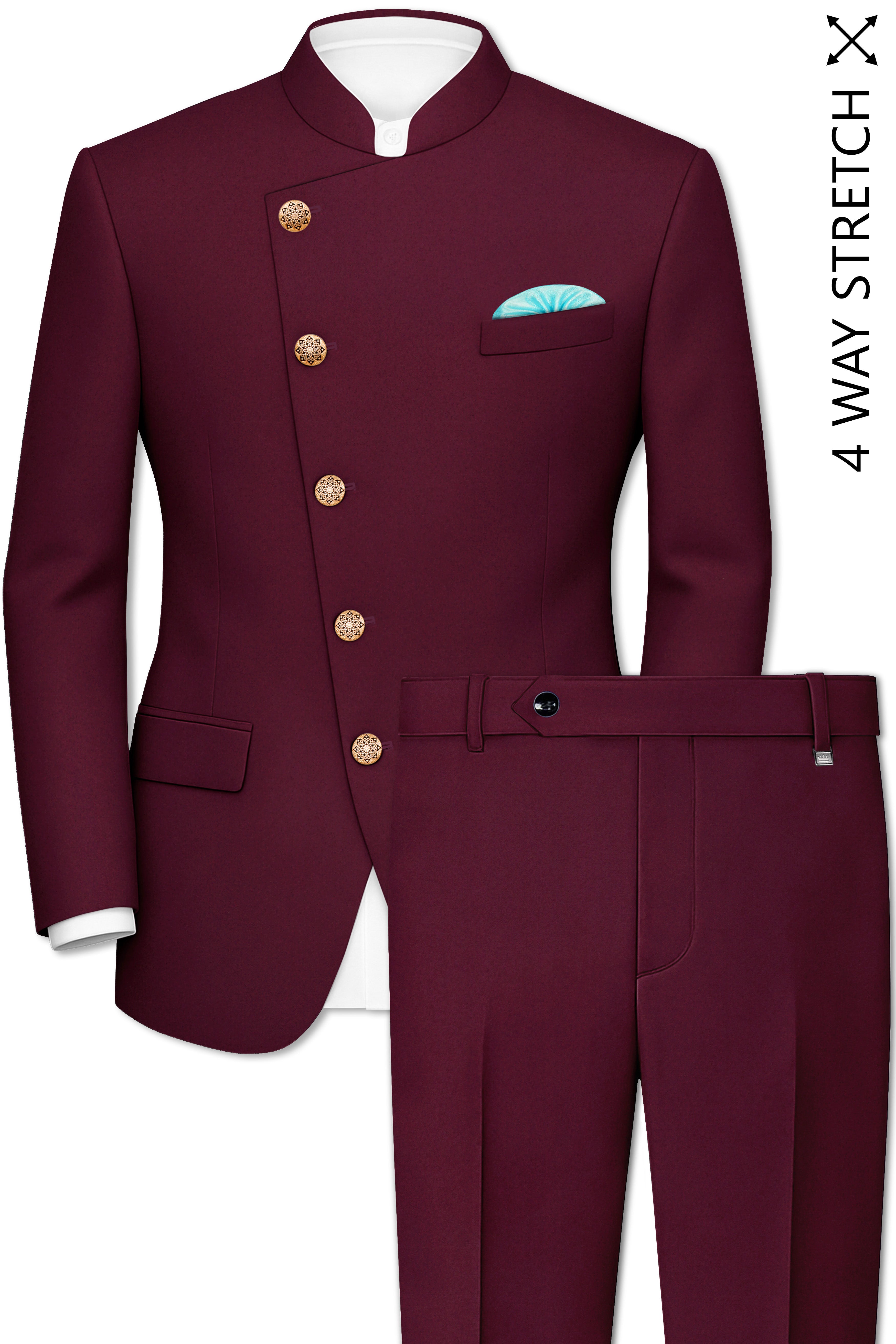 Flexmaro-Korean Crater Maroon 4-Way Stretch Wrinkle-Free Wool Rich Cross Placket Bandhgala Suit