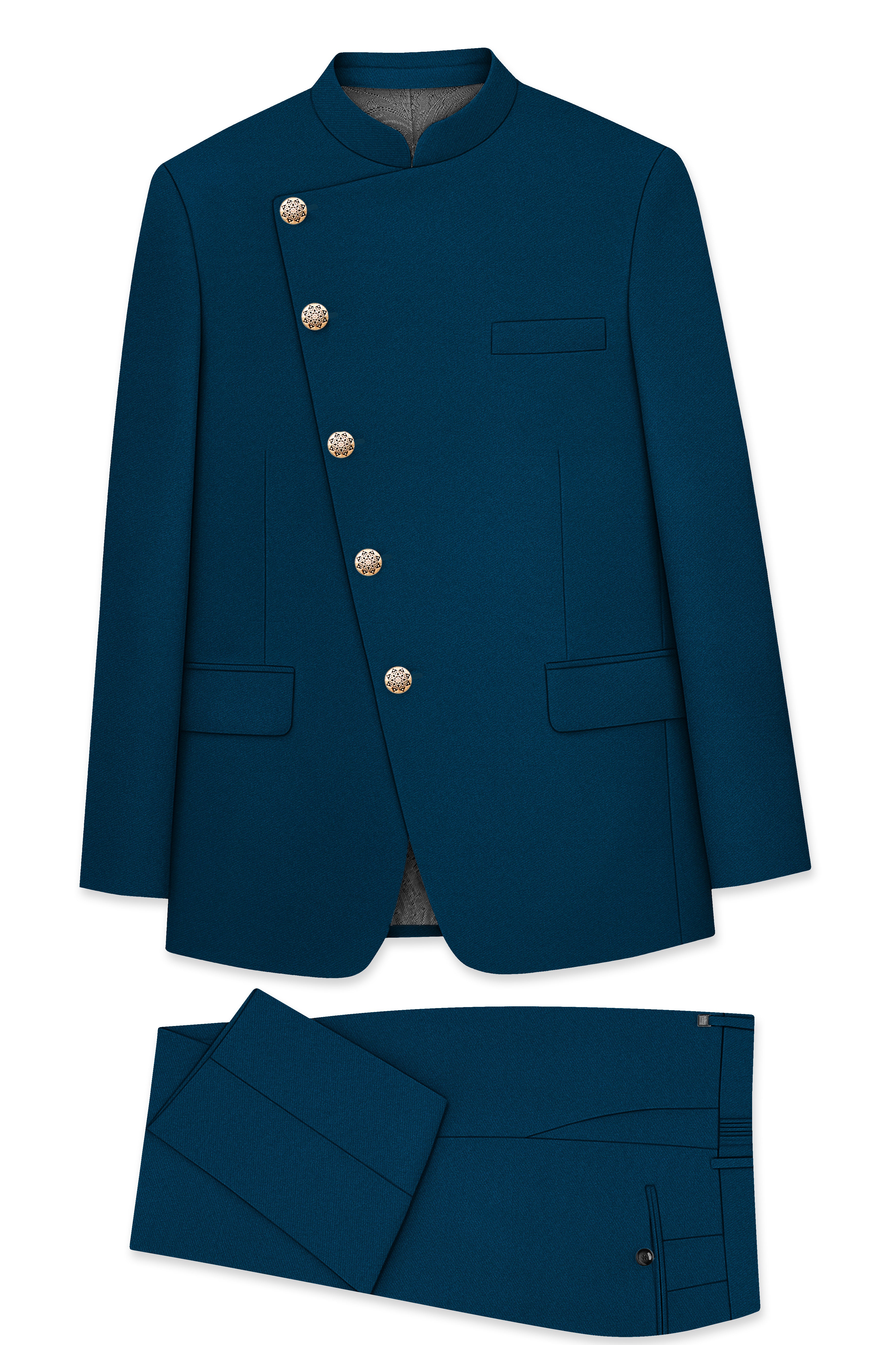 Aureblu-Korean Prussian Blue 4-Way Stretch Wrinkle-Free Fluid Drape Fabric Cross Placket Bandhgala Suit