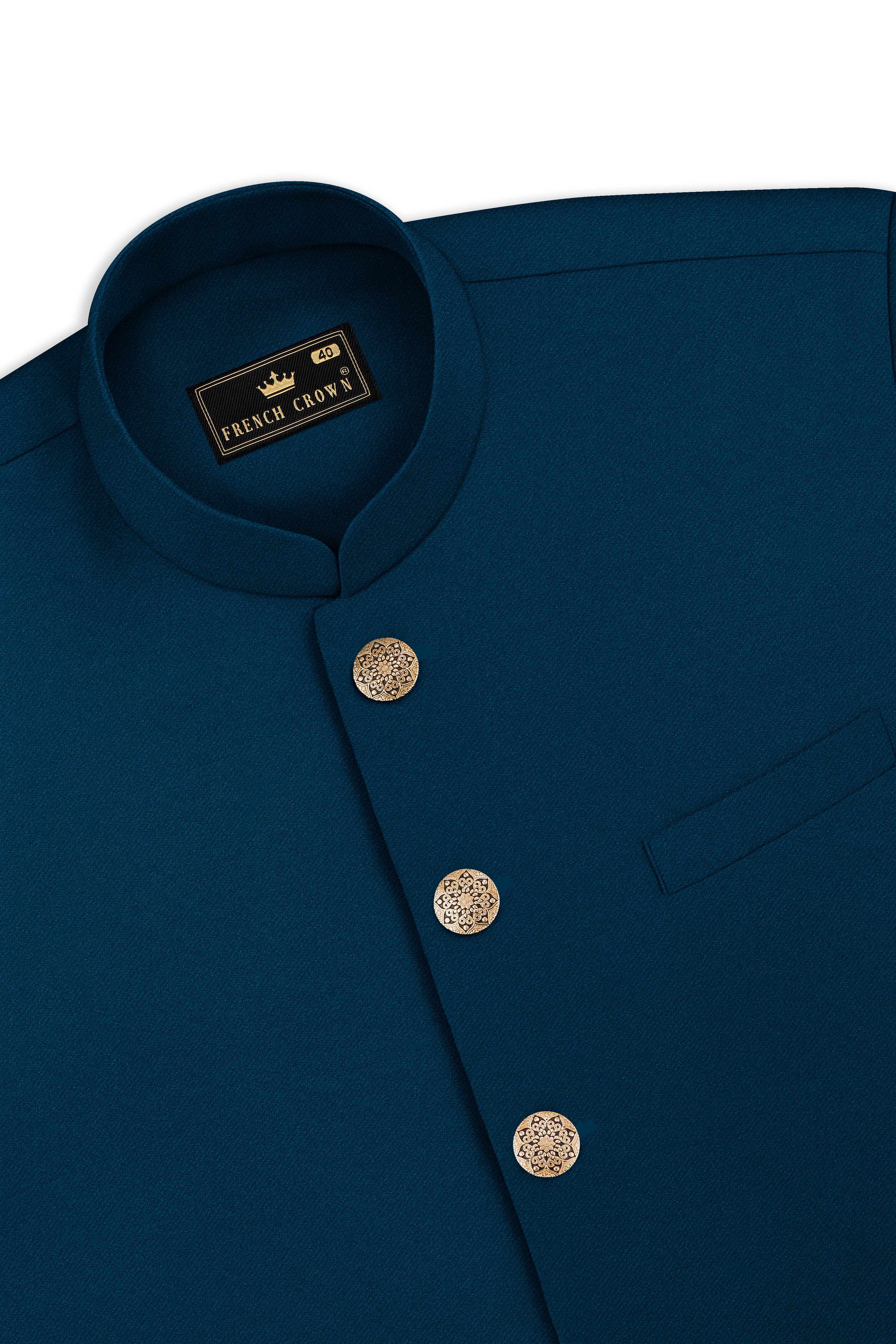 Aureblu-Korean Prussian Blue 4-Way Stretch Wrinkle-Free Fluid Drape Fabric Cross Placket Bandhgala Suit