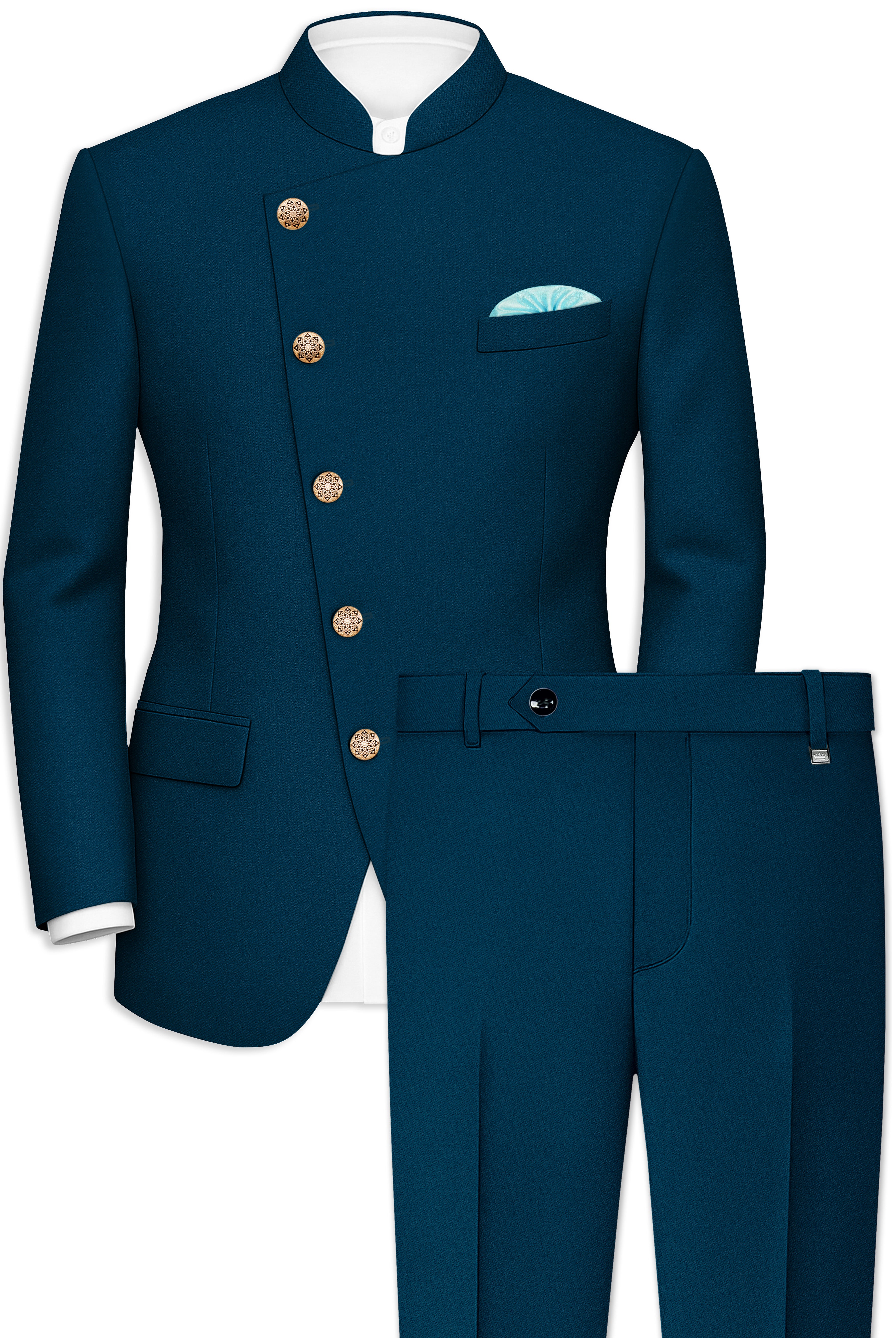 Aureblu-Korean Prussian Blue 4-Way Stretch Wool Rich Cross Placket Bandhgala Suit