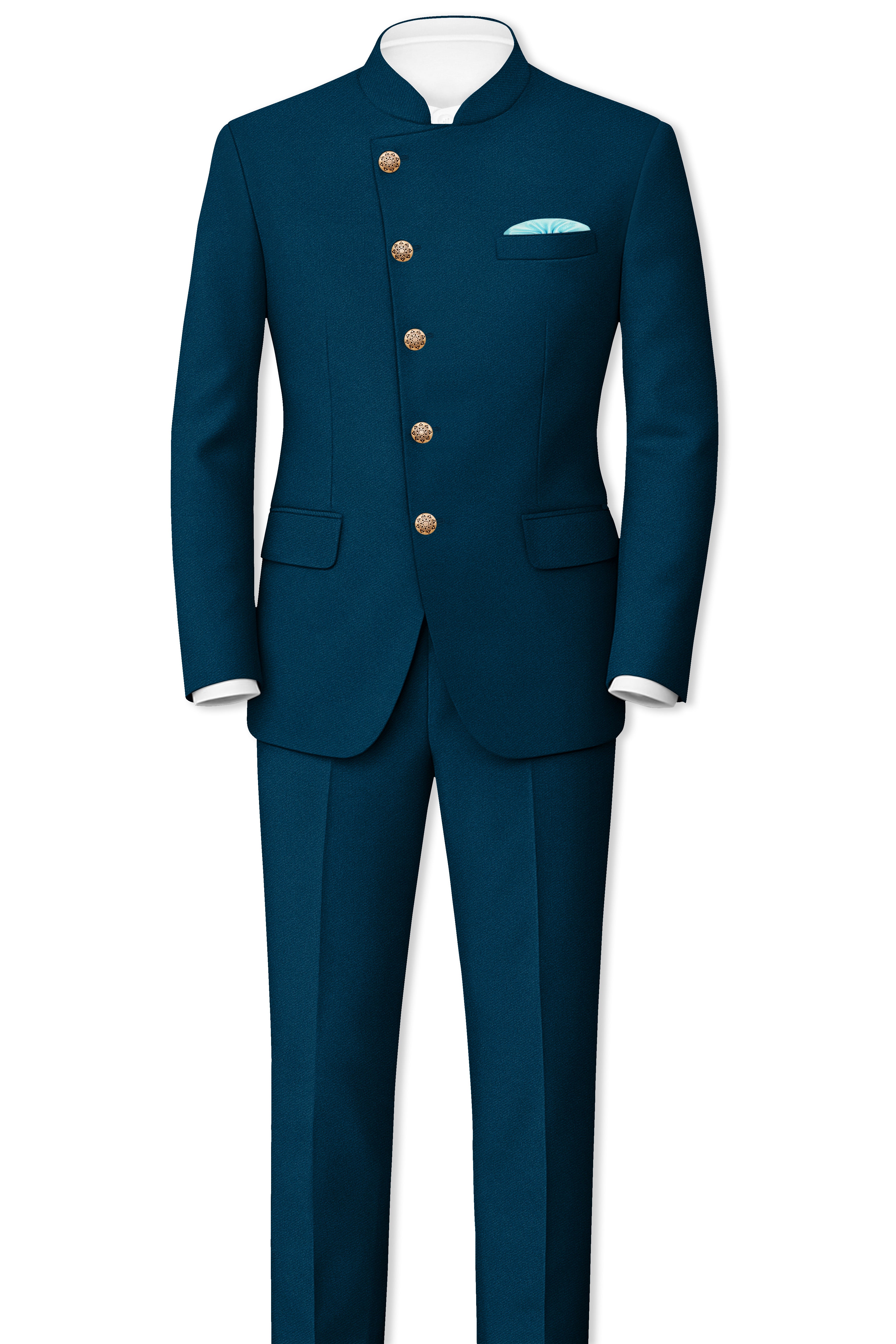 Aureblu-Korean Prussian Blue 4-Way Stretch Wrinkle-Free Fluid Drape Fabric Cross Placket Bandhgala Suit