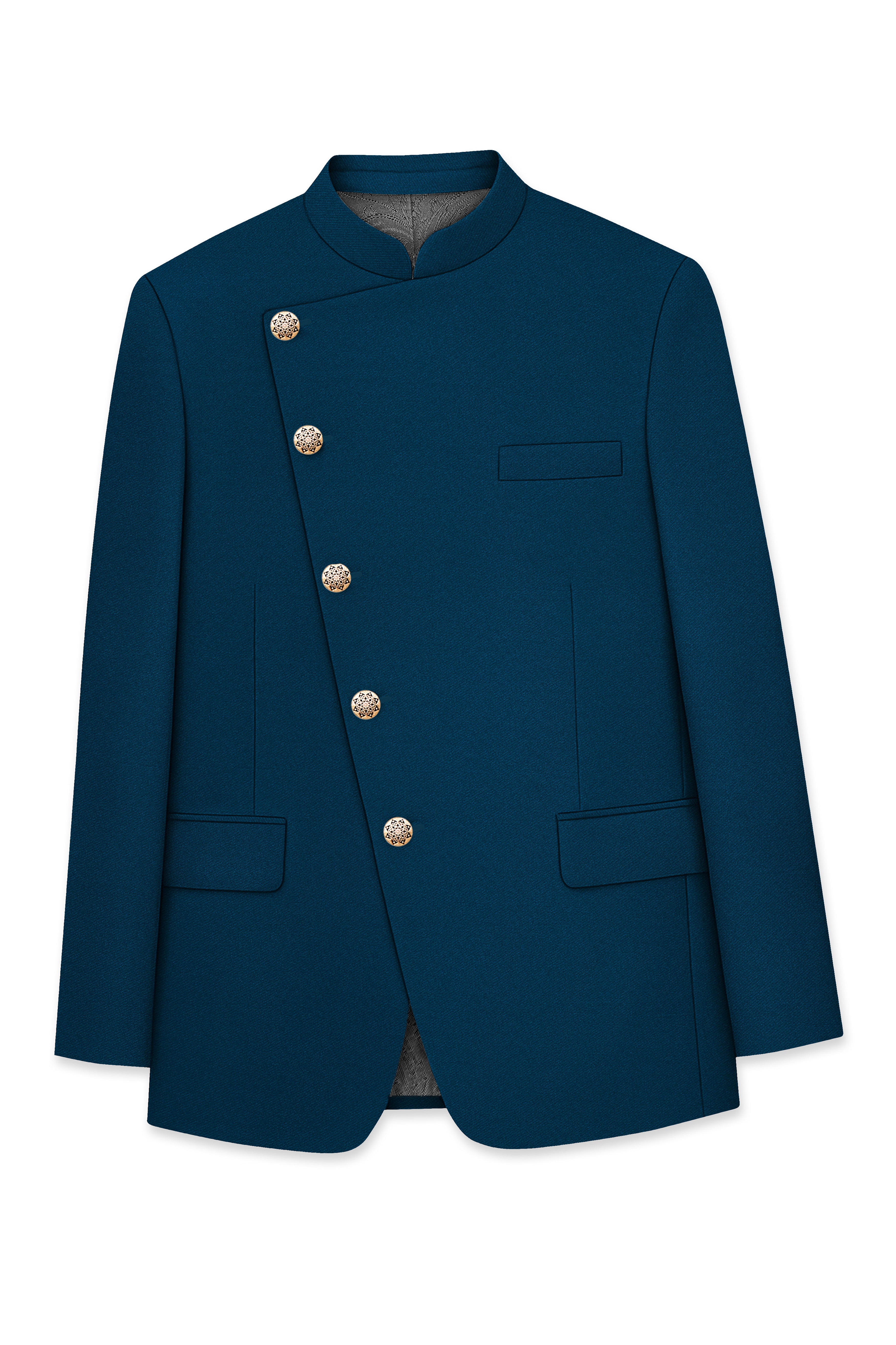 Aureblu-Korean Prussian Blue 4-Way Stretch Wrinkle-Free Fluid Drape Fabric Cross Placket Bandhgala Suit