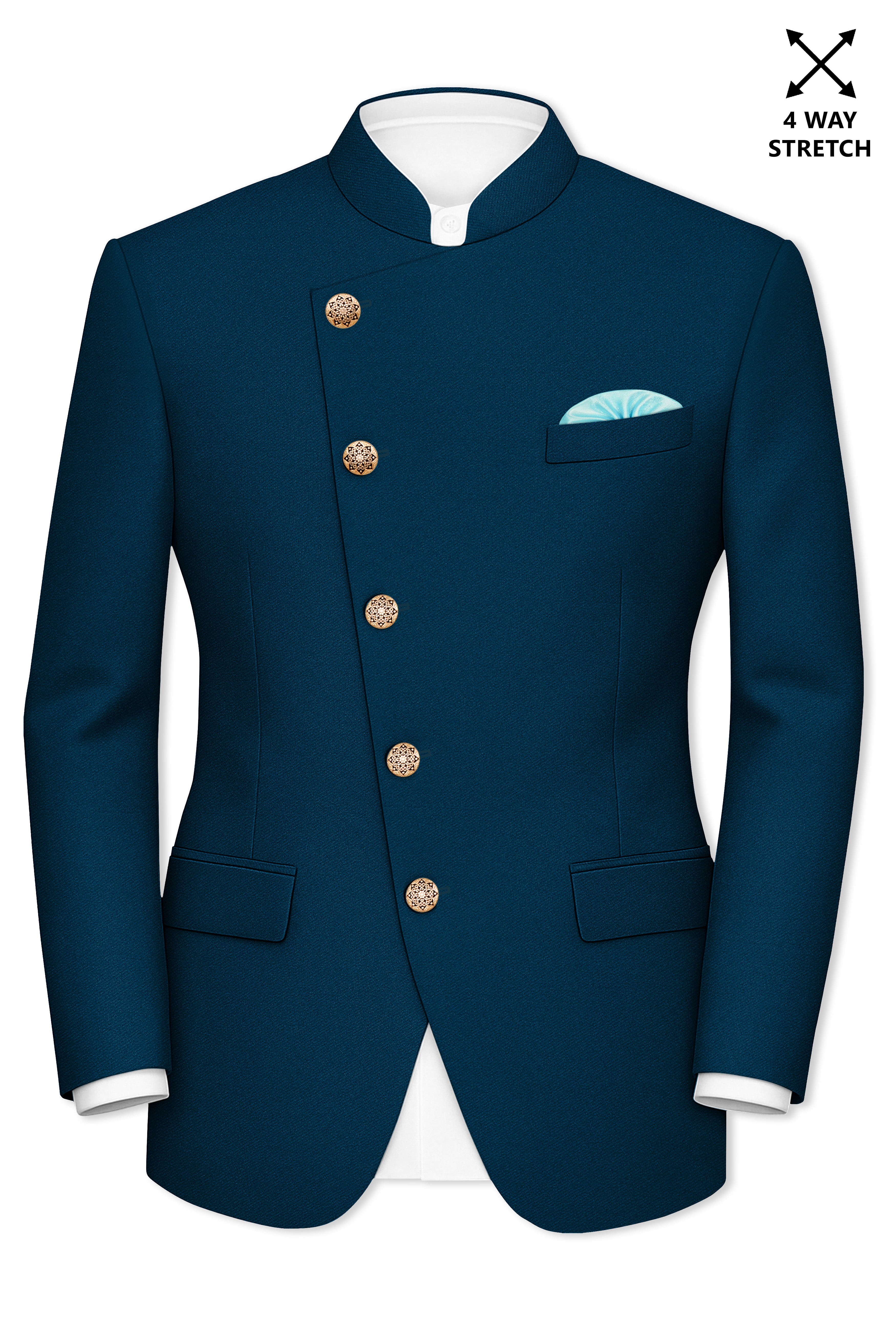 Aureblu-Korean Prussian Blue 4-Way Stretch Wrinkle-Free Fluid Drape Fabric Cross Placket Bandhgala Suit