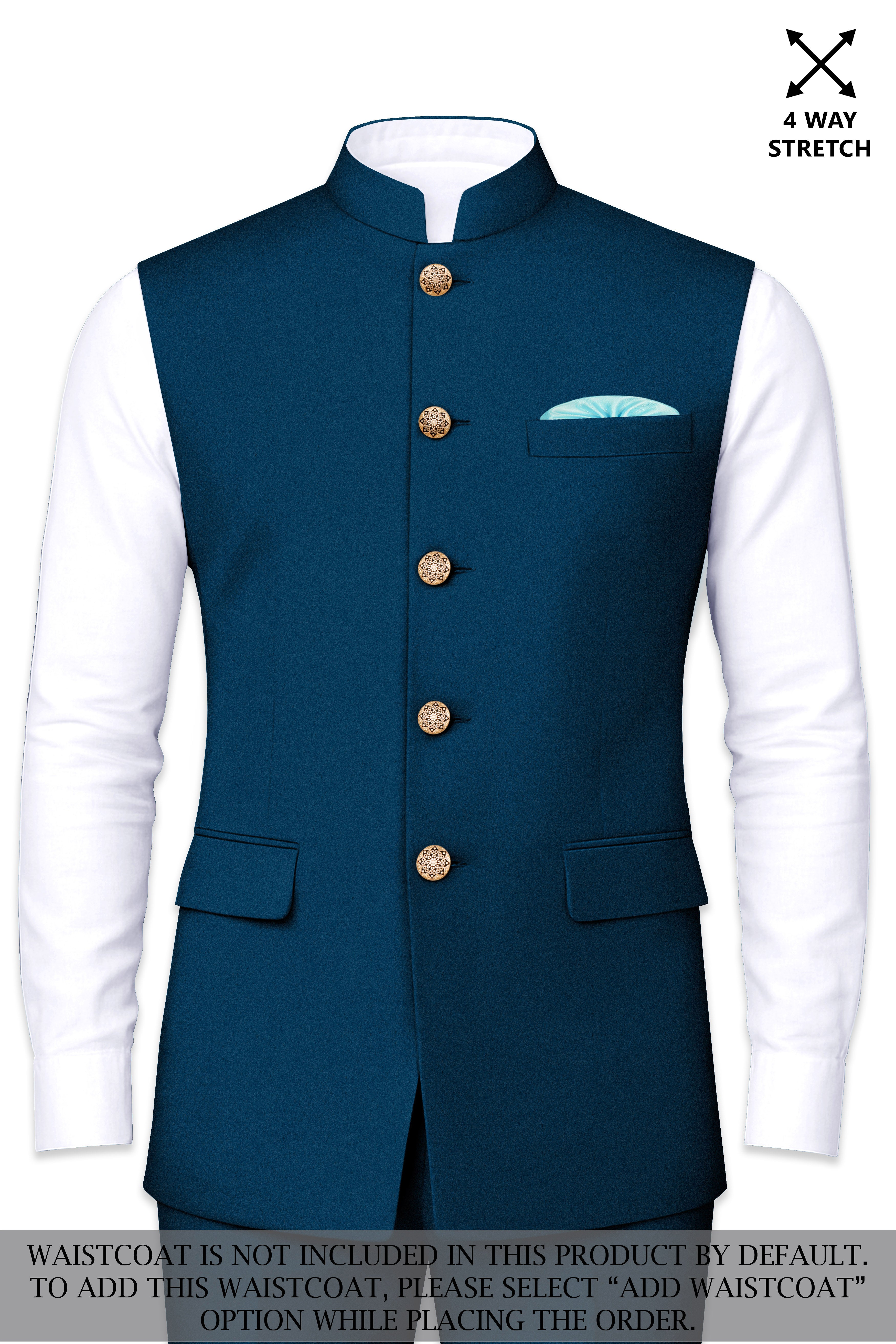 Aureblu-Korean Prussian Blue 4-Way Stretch Wool Rich Cross Placket Bandhgala Suit