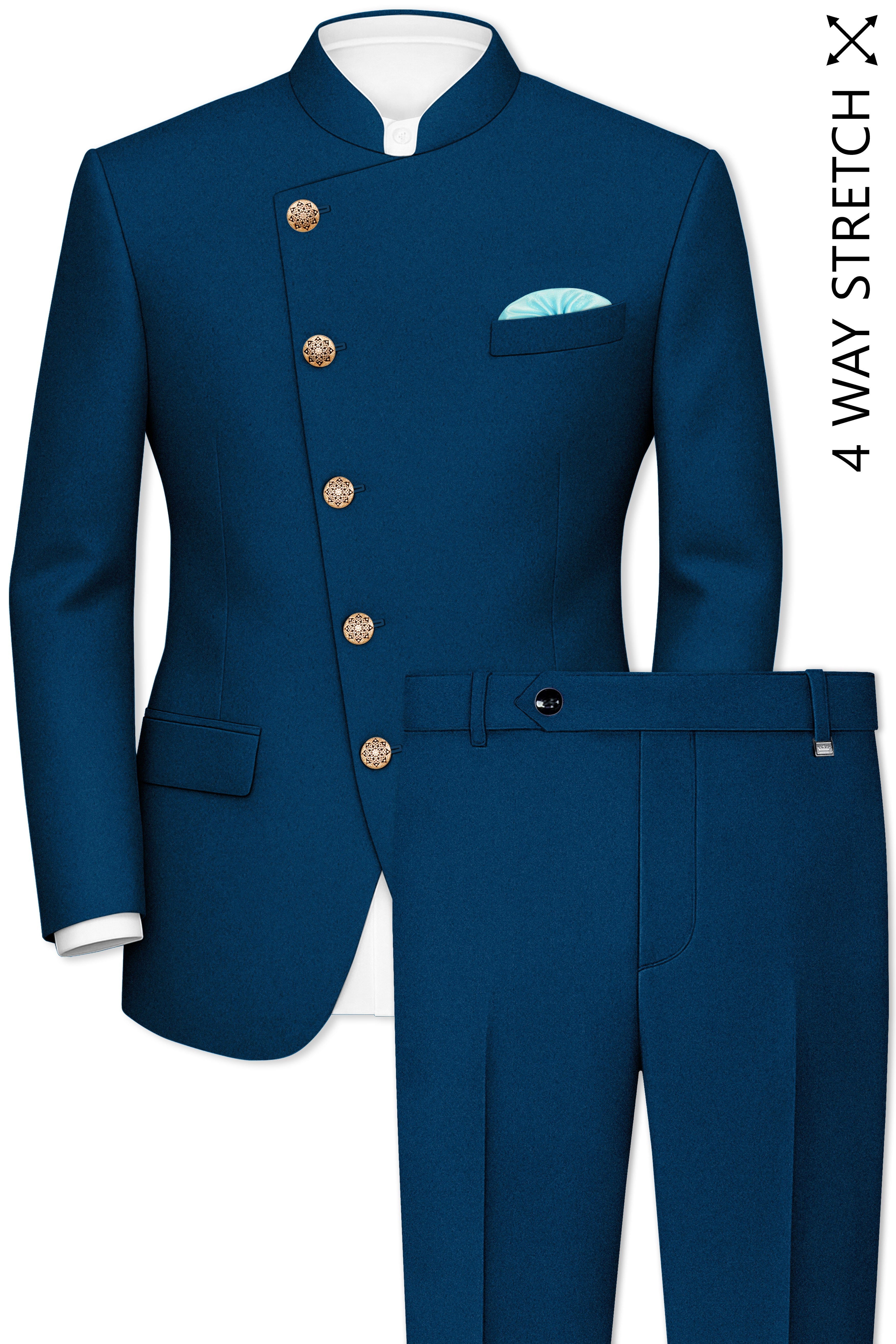 Aureblu-Korean Prussian Blue 4-Way Stretch Wrinkle-Free Wool Rich Cross Placket Bandhgala Suit