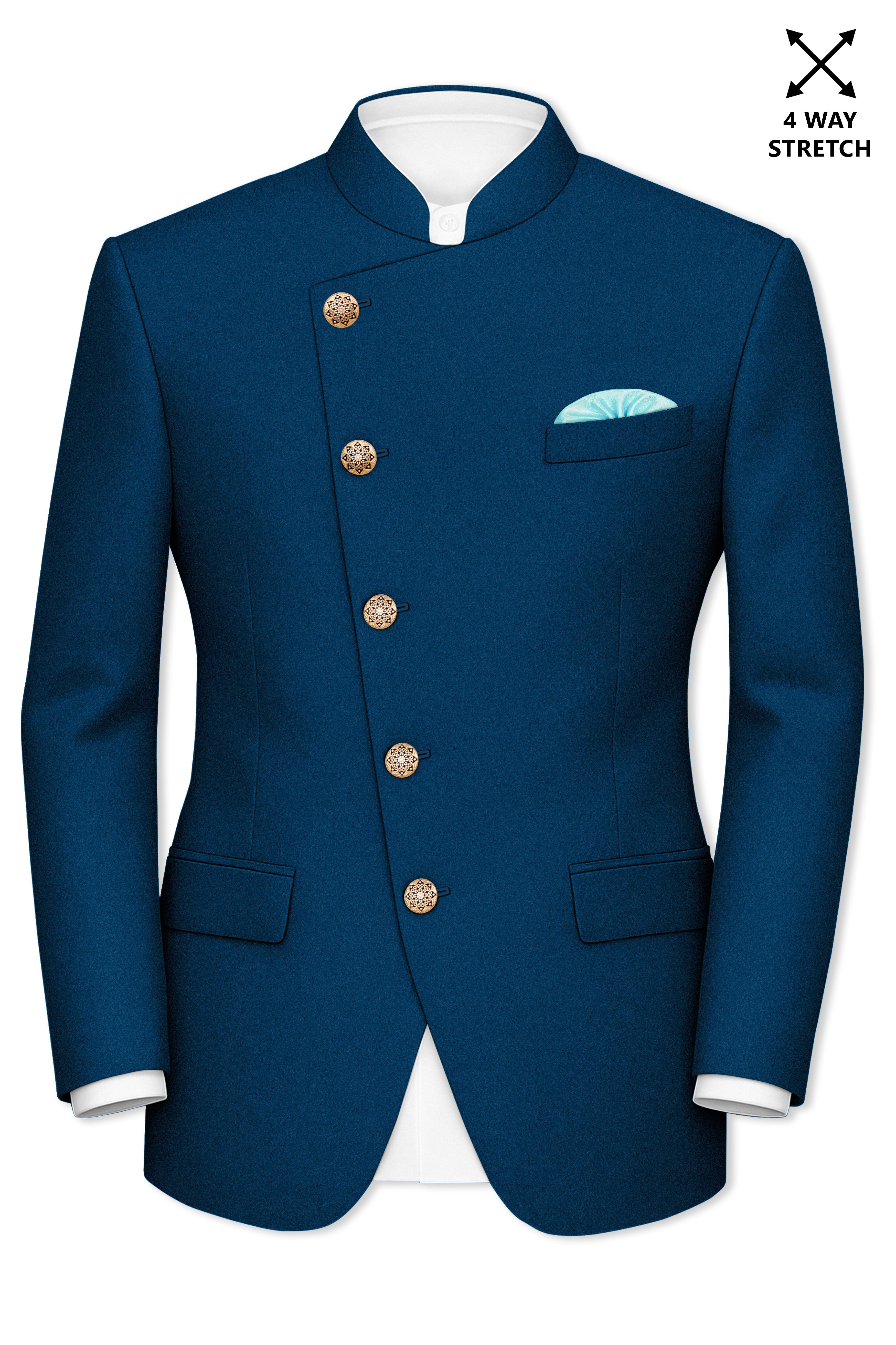 Aureblu-Korean Prussian Blue 4-Way Stretch Wrinkle-Free Wool Rich Cross Placket Bandhgala Suit