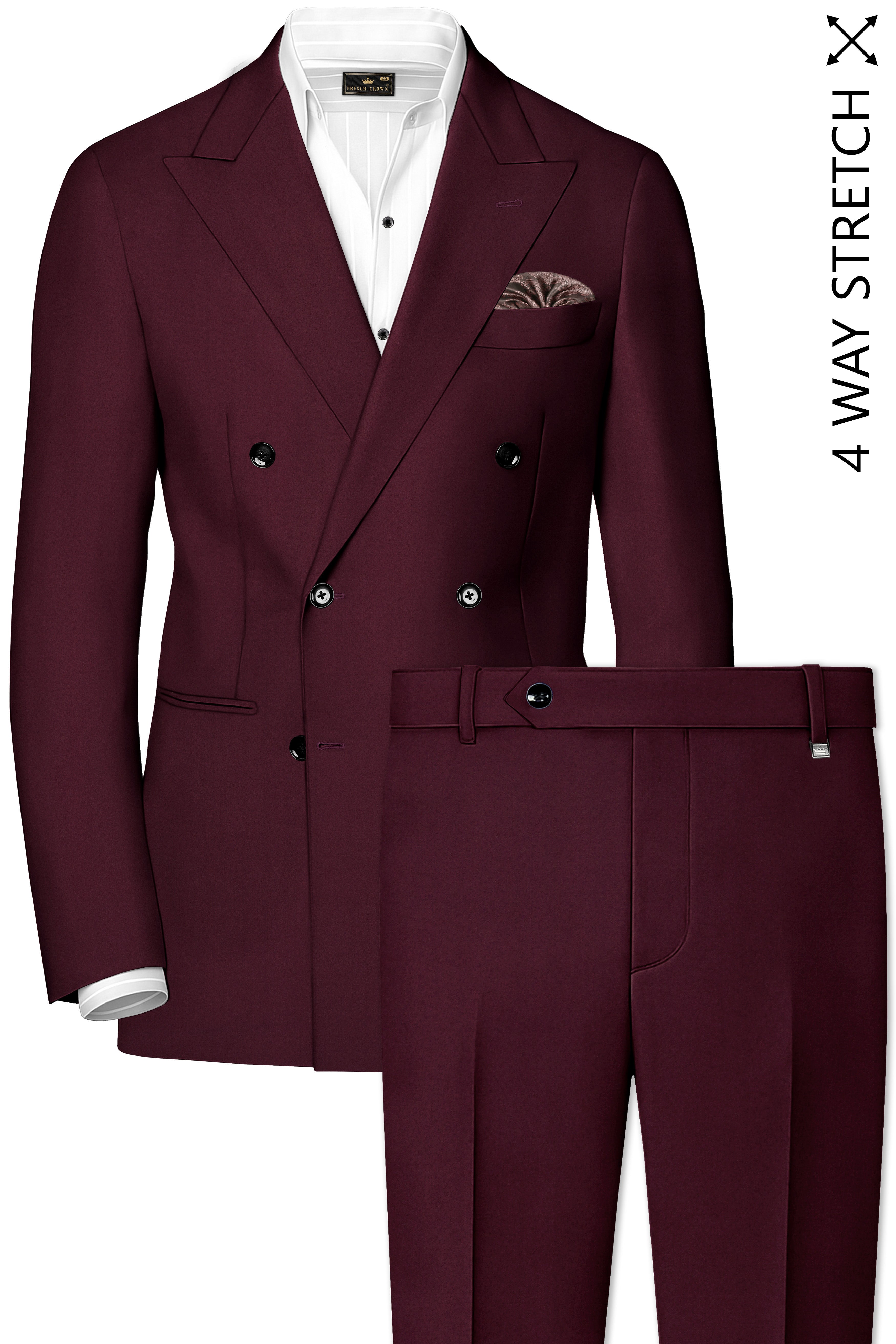 Flexmaro-Korean Crater Maroon 4-Way Stretch Wrinkle-Free Wool Rich Double Breasted Suit