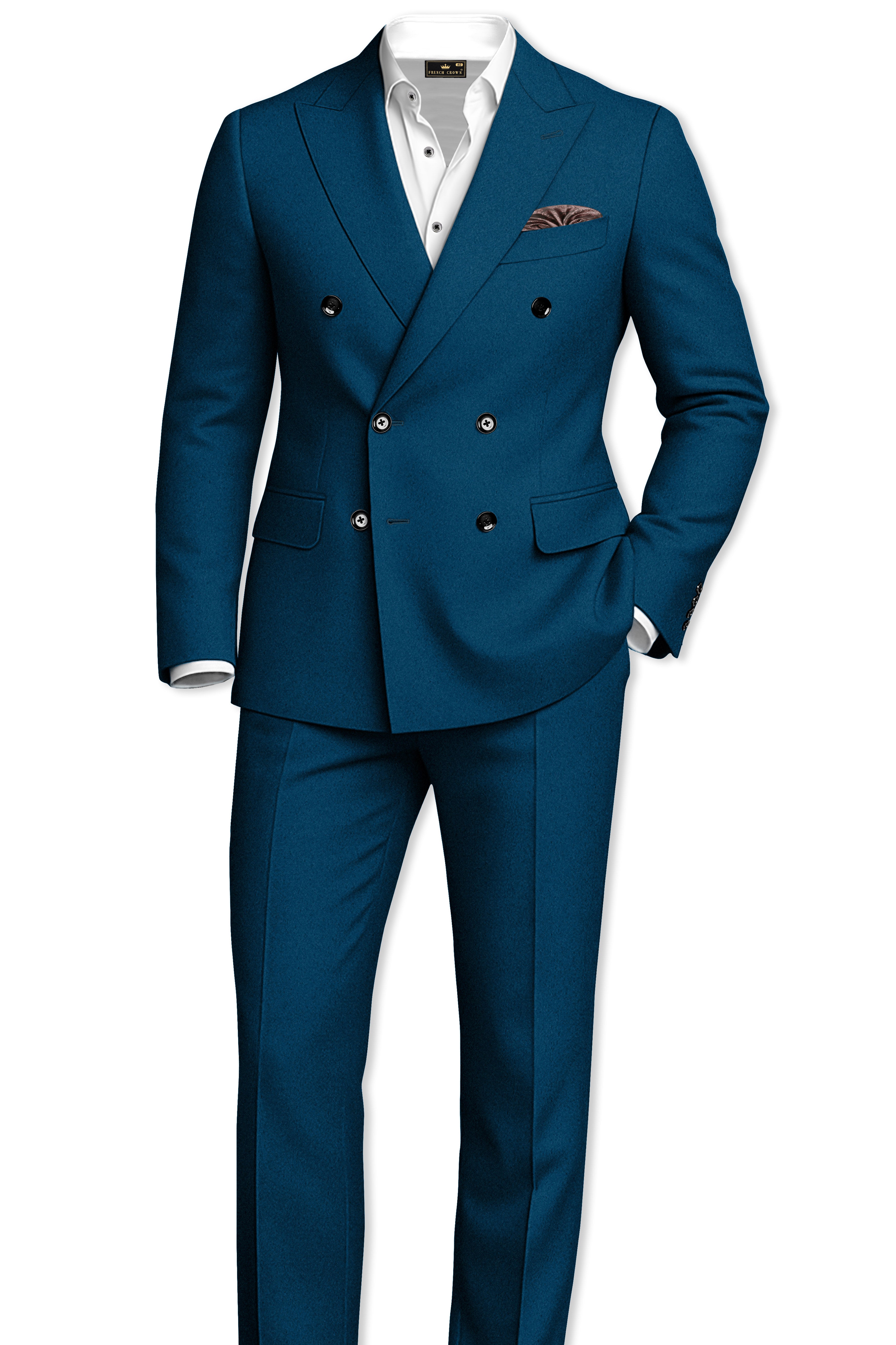 Aureblu-Korean Prussian Blue 4-Way Stretch Wool Rich Double Breasted Suit