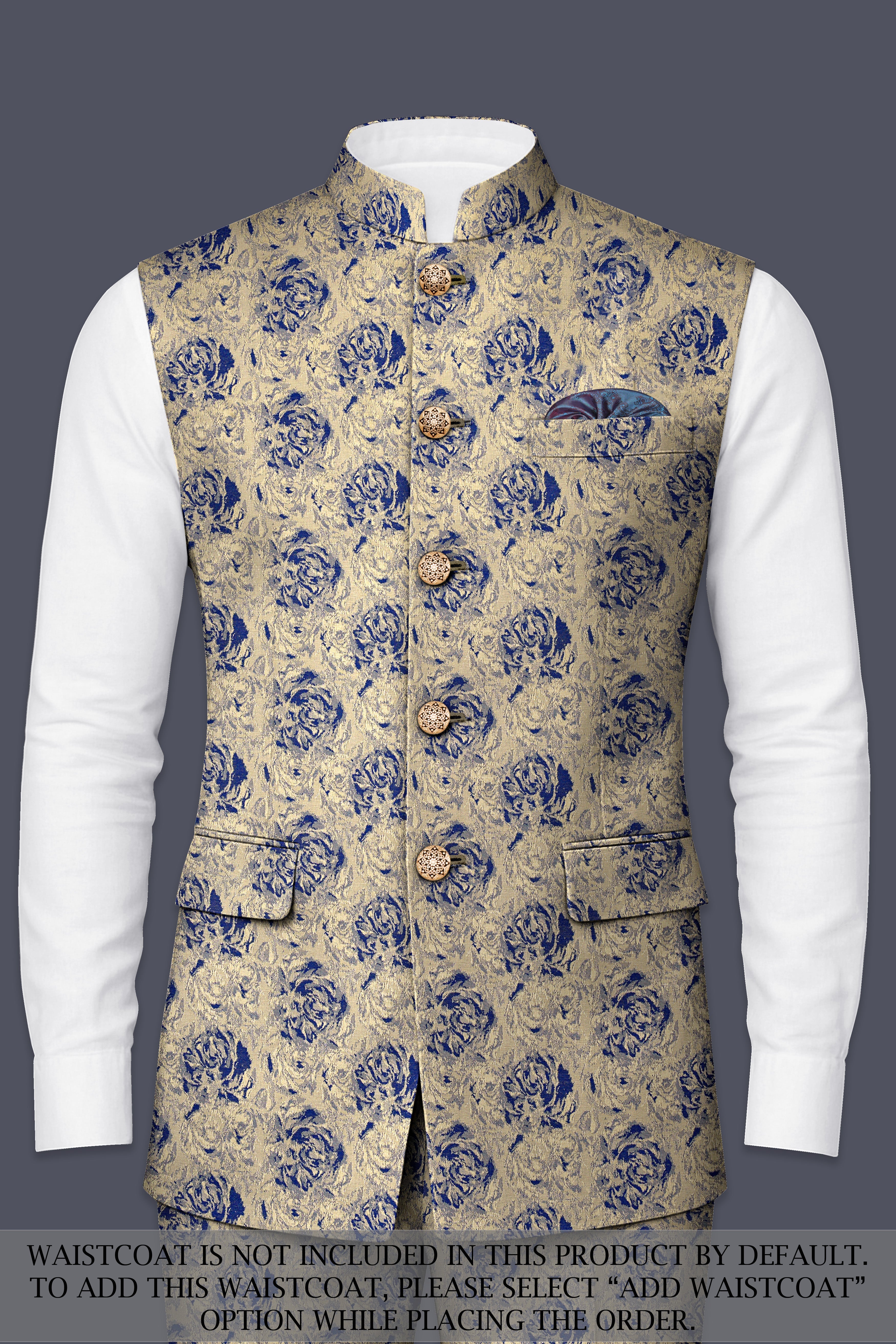 Jacqoro-Gravel Blue and Golden Jacquard Textured Tuxedo Suit