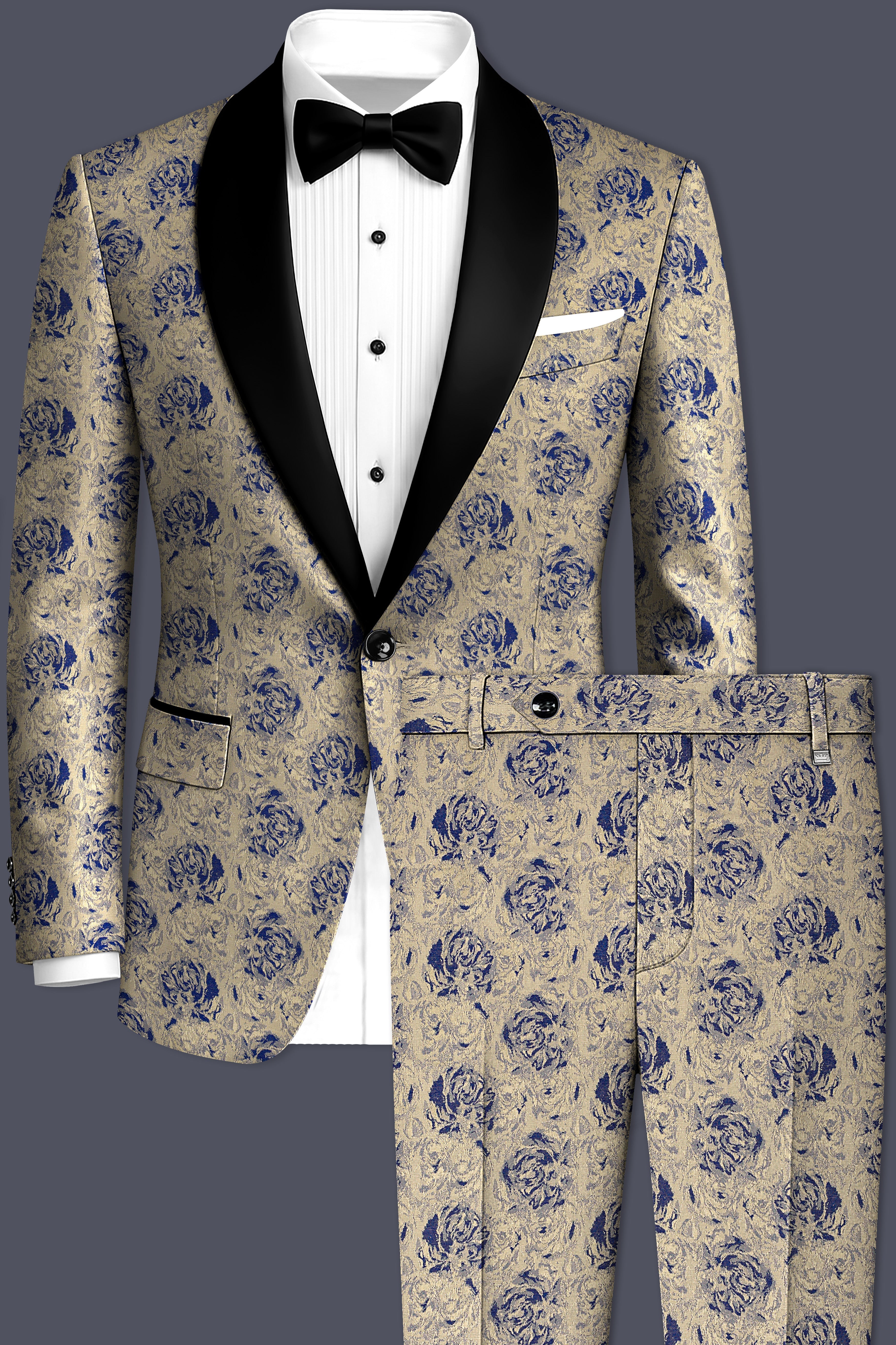 Jacqoro-Gravel Blue and Golden Jacquard Textured Tuxedo Suit