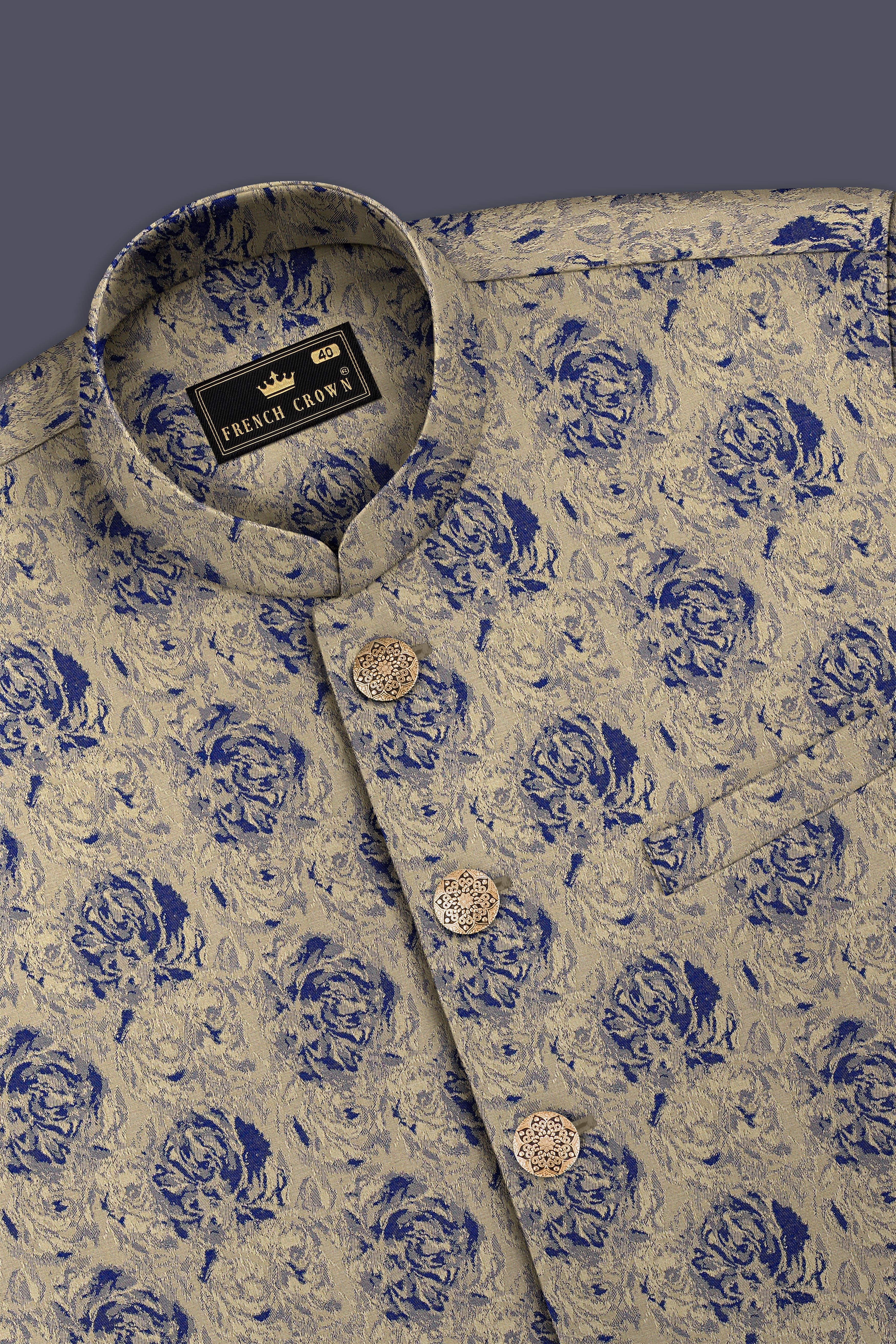 Jacqoro-Gravel Blue and Golden Jacquard Textured Tuxedo Suit